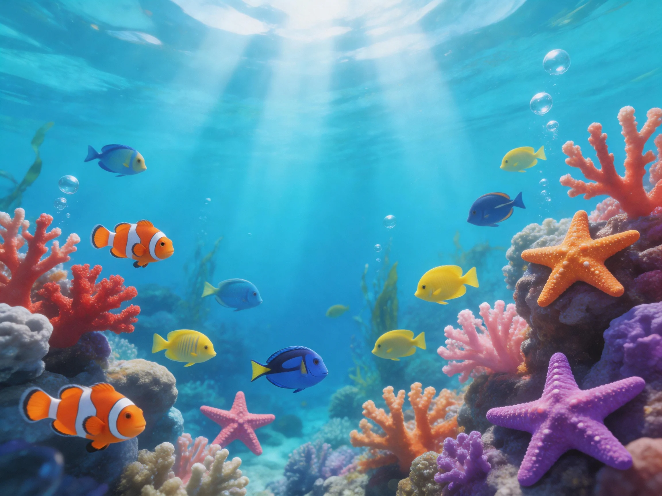 Sunlit underwater scene with colorful corals, clownfish, and starfish