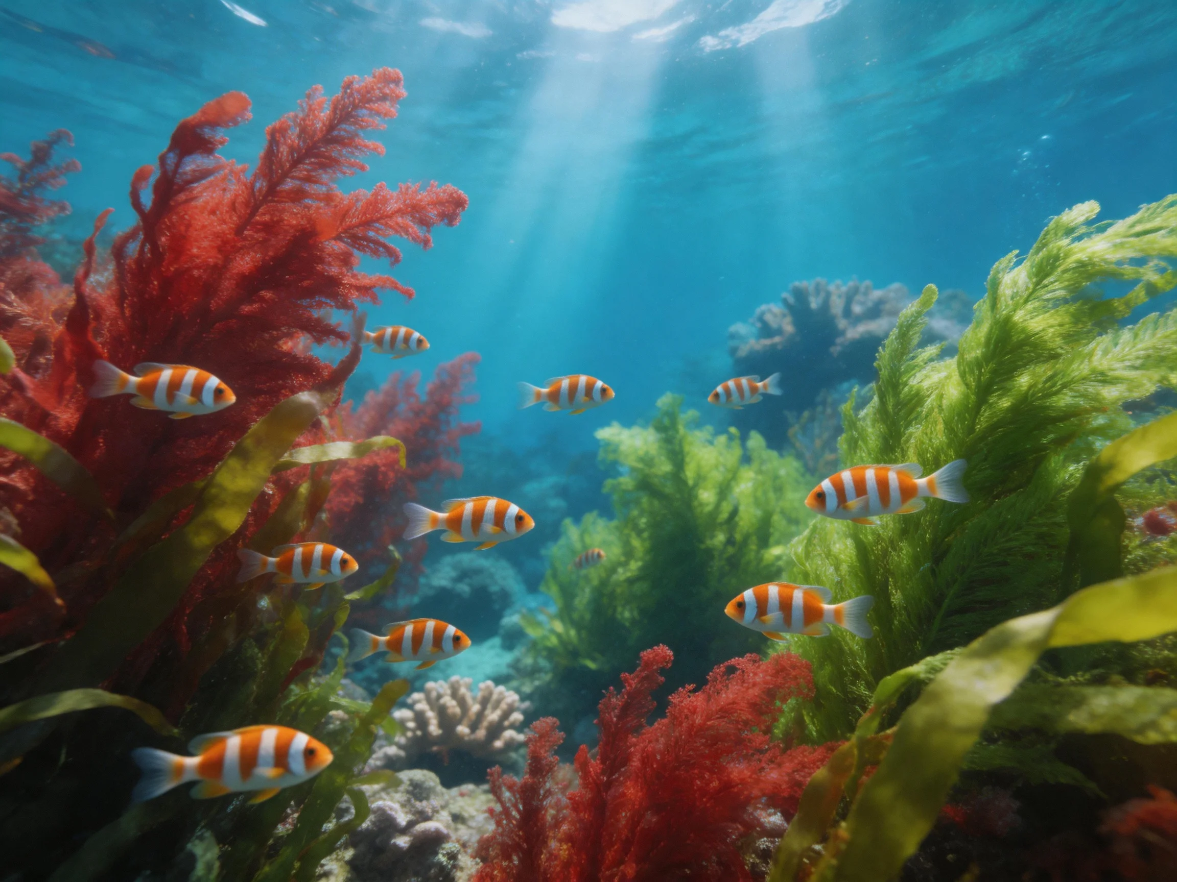 Ten striped fish swim among vibrant red and green seaweeds