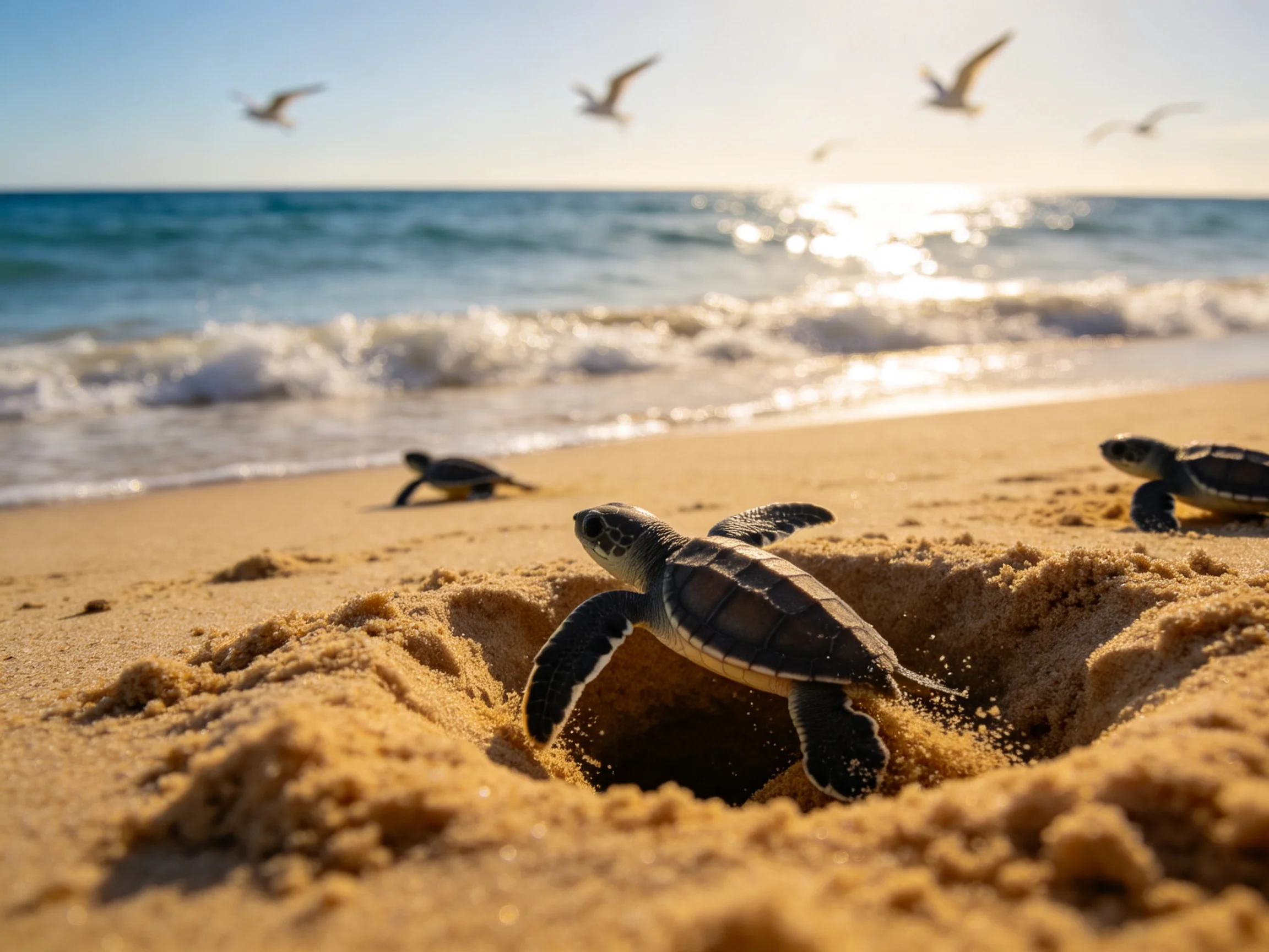 Three baby sea turtles traverse golden sand near turquoise waves