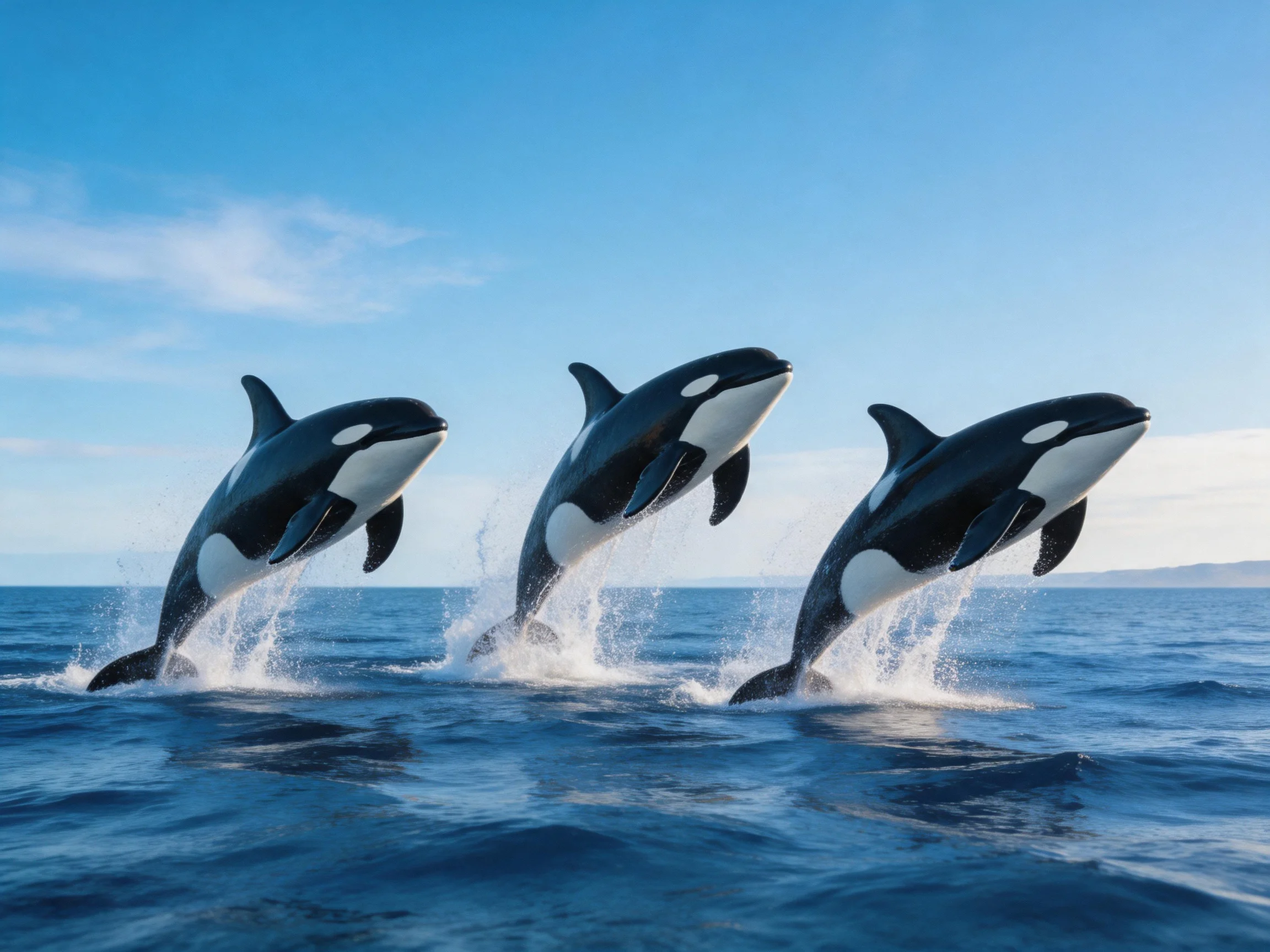 Three black-and-white orcas leap from the ocean surface