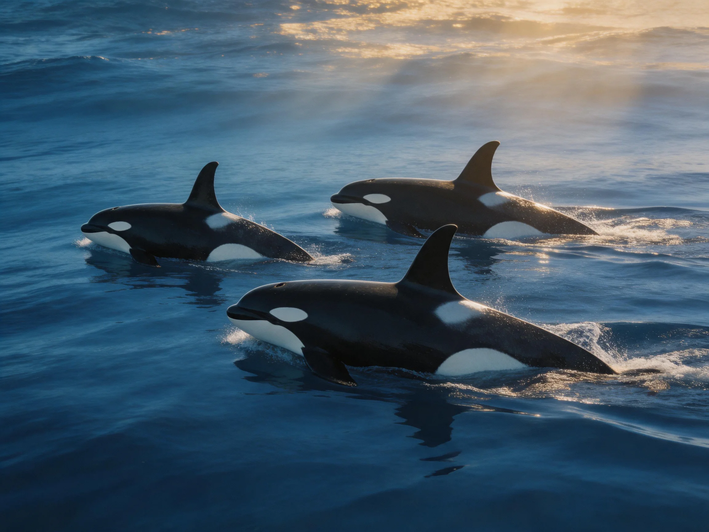 Three black-and-white orcas swim in sunlit blue waters
