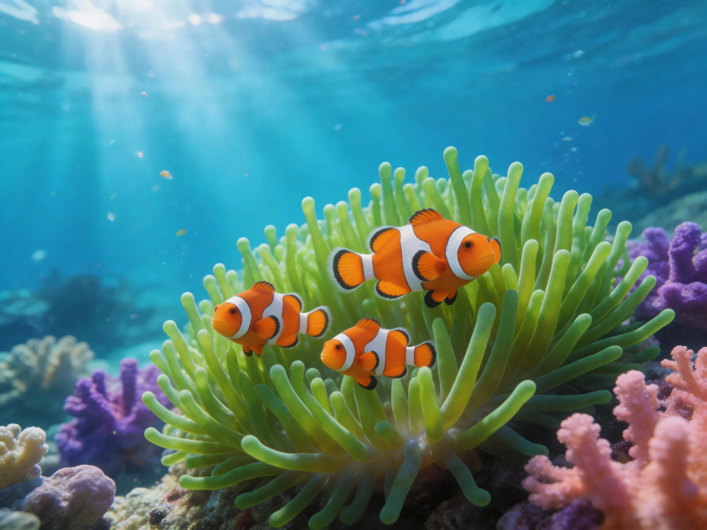 Three clownfish gather by a large green sea anemone amid vibrant corals