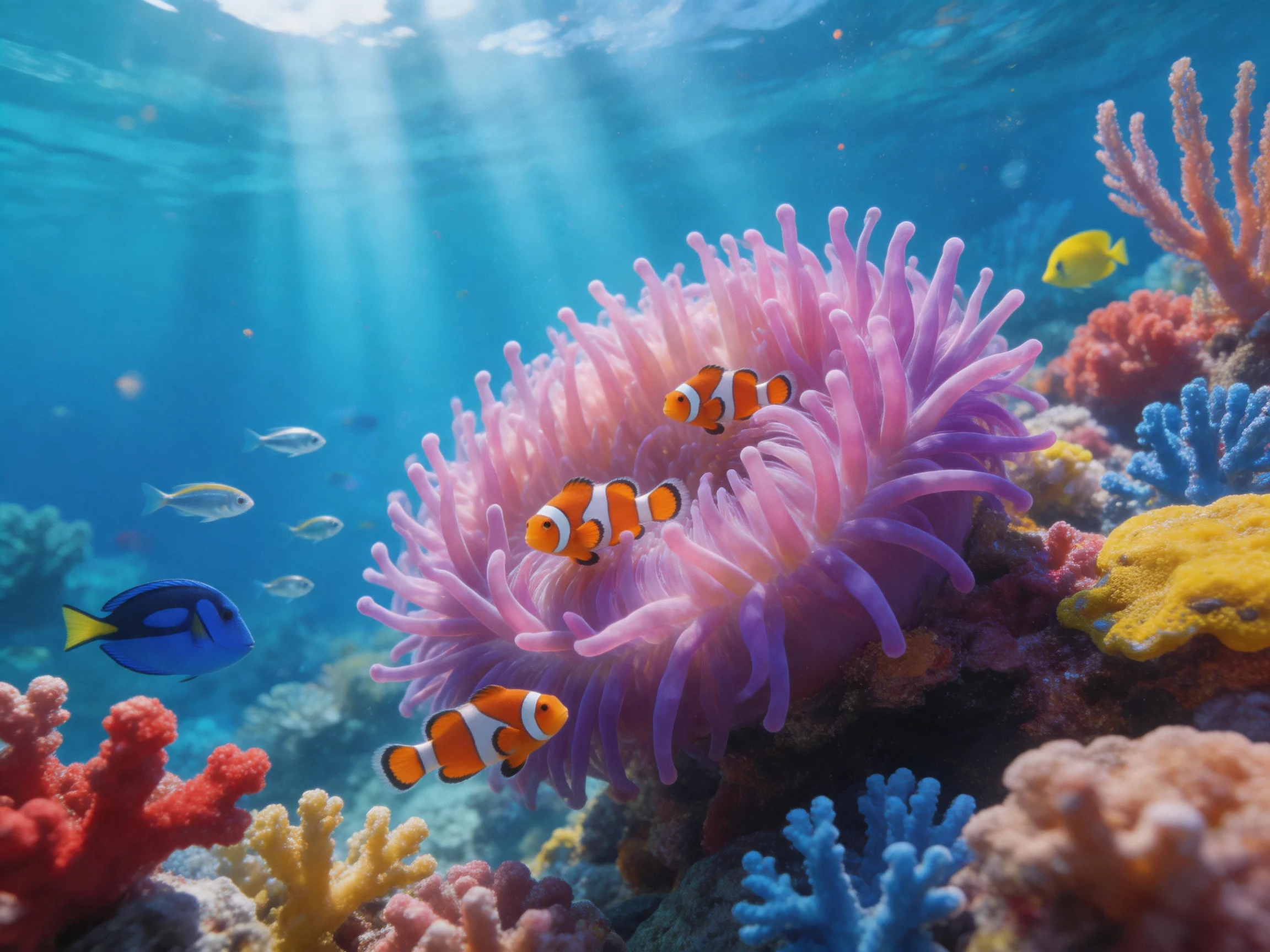 Three clownfish near a large pink-purple anemone amid corals