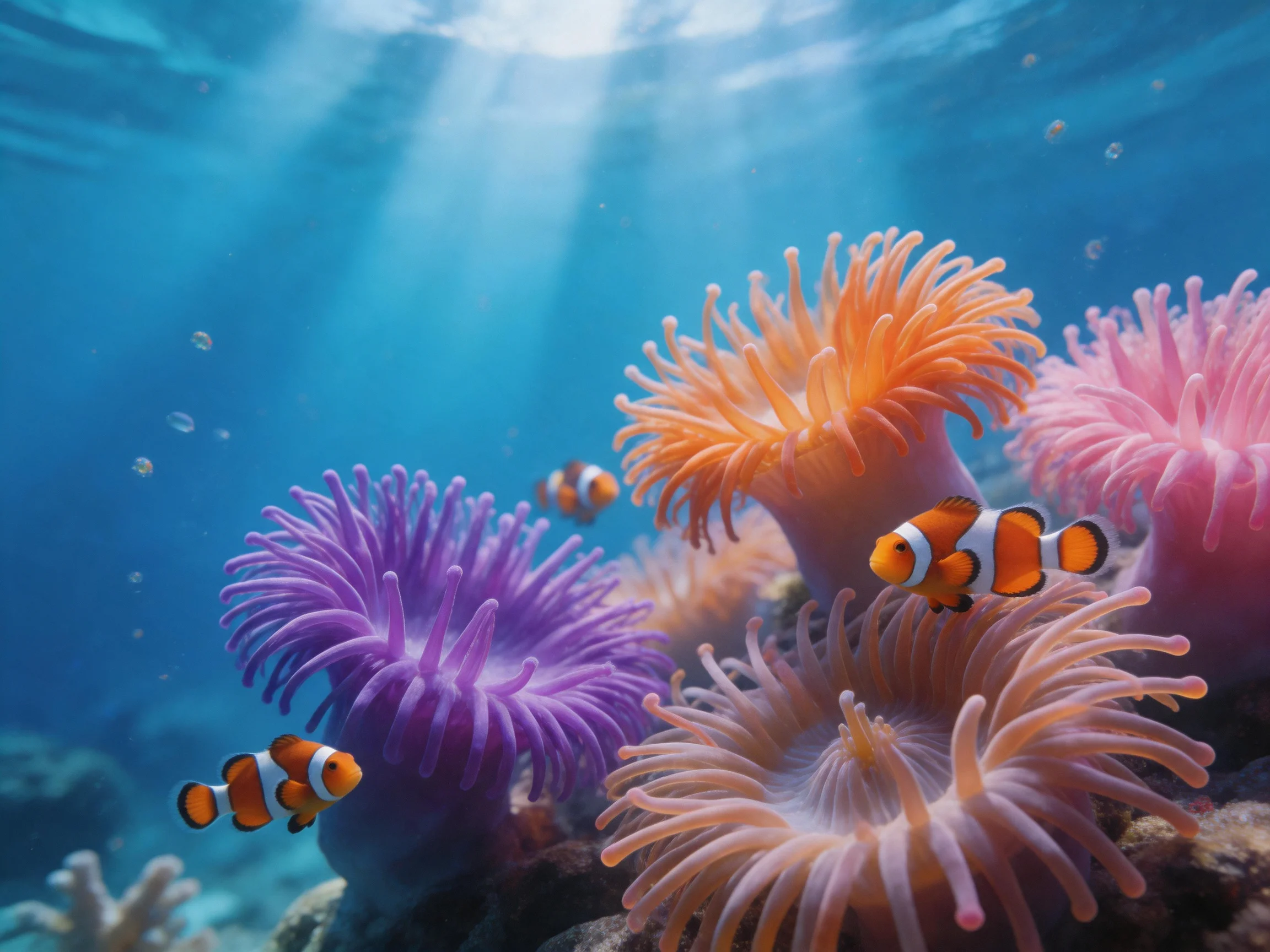 Three clownfish swim among colorful sea anemones in clear blue water