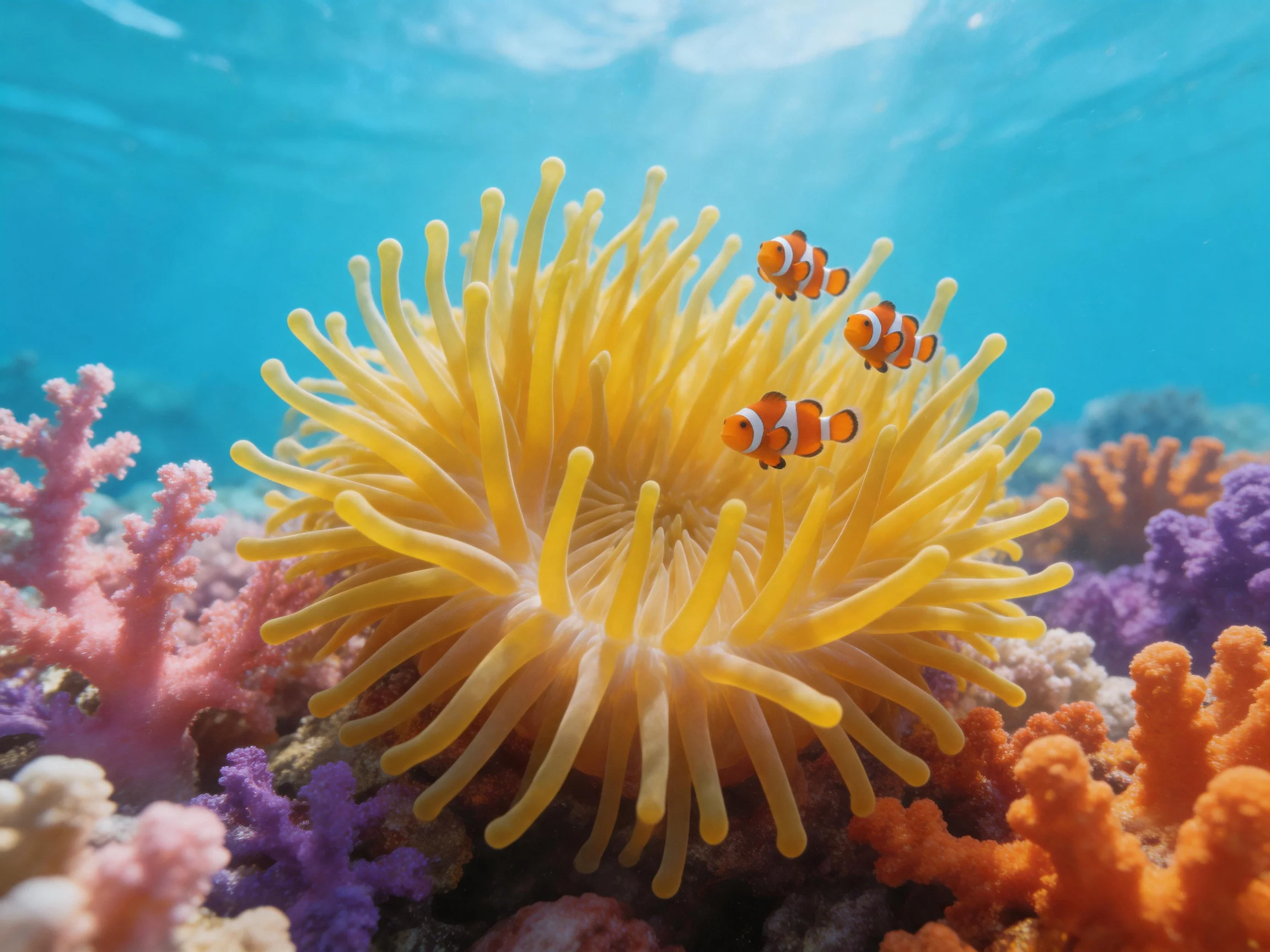 Three clownfish swim beside a large yellow sea anemone among colorful corals