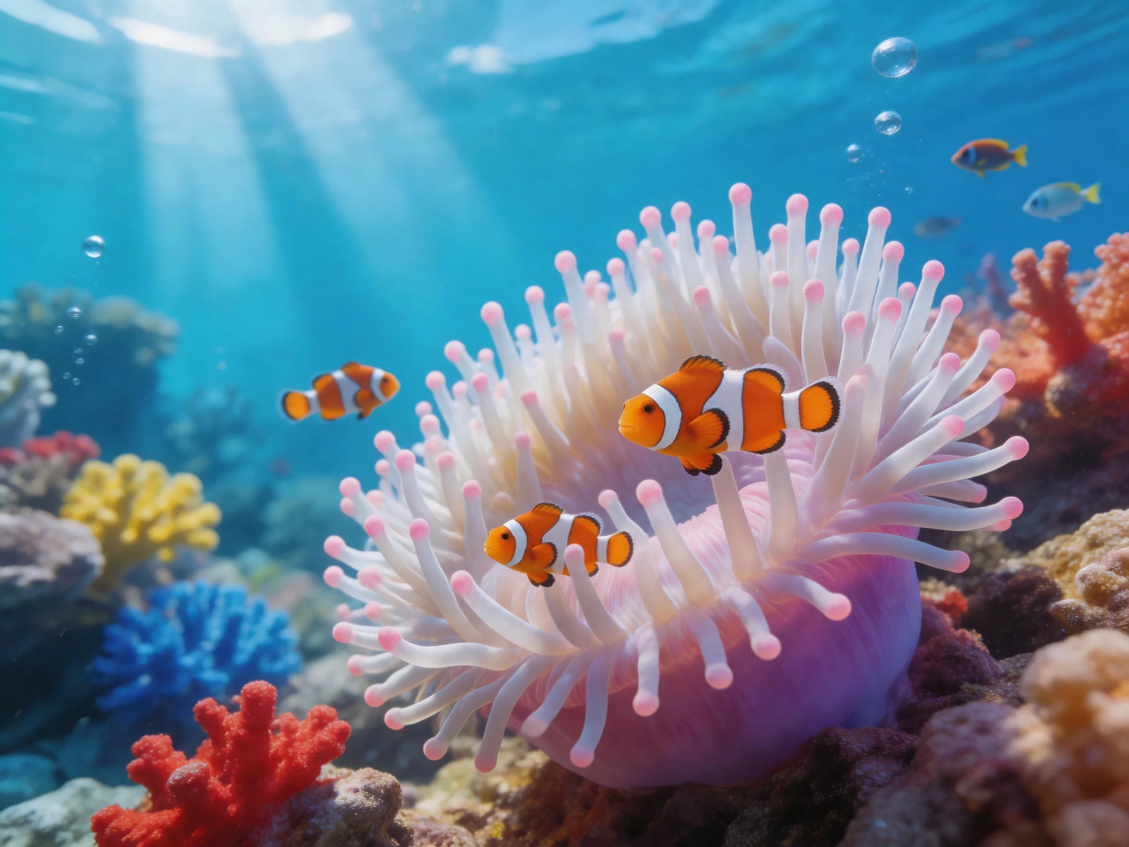 Three clownfish swim near a pink-tipped sea anemone with colorful corals