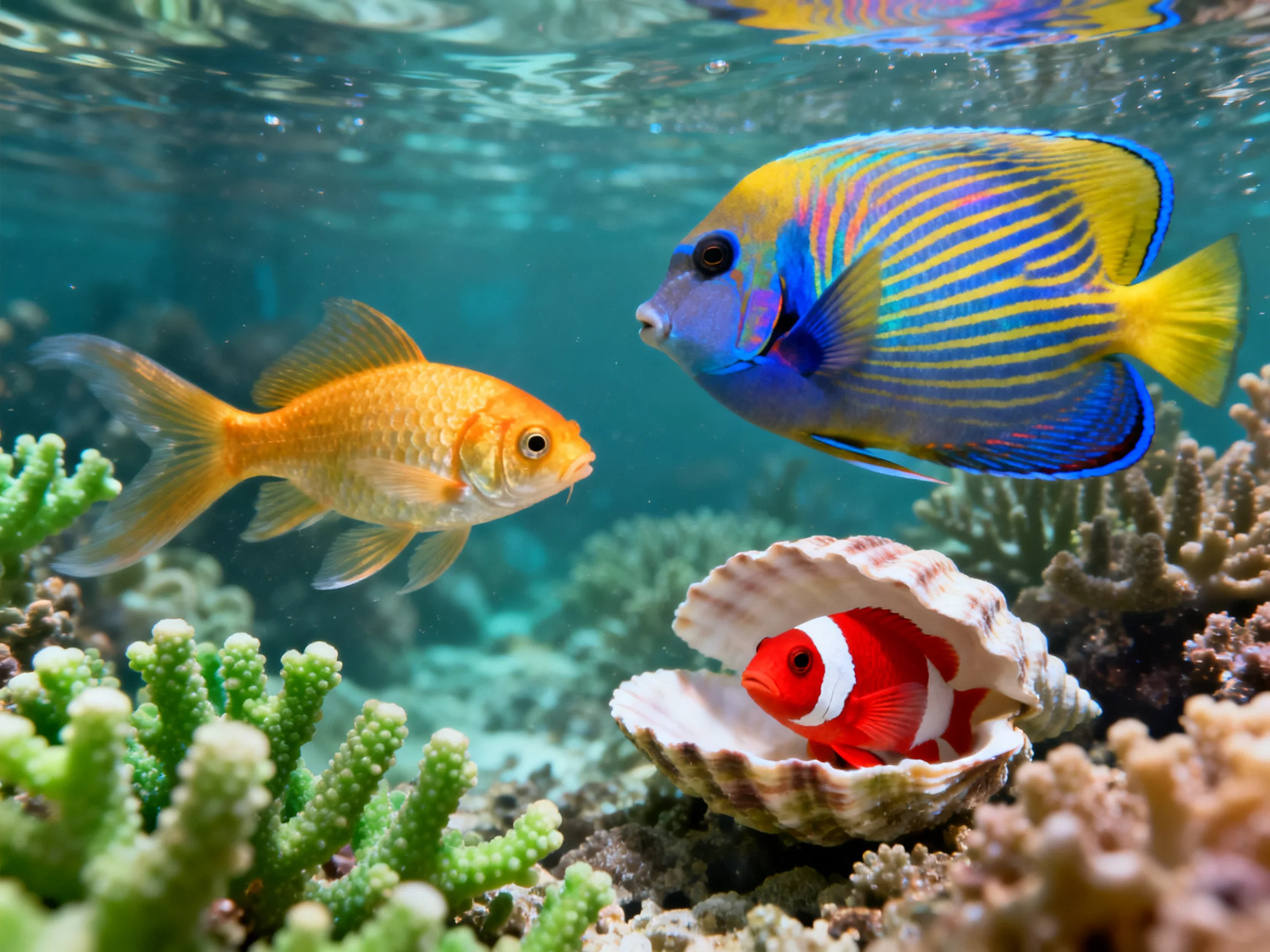 Three colorful fish swim near a coral reef with a clownfish in a seashell