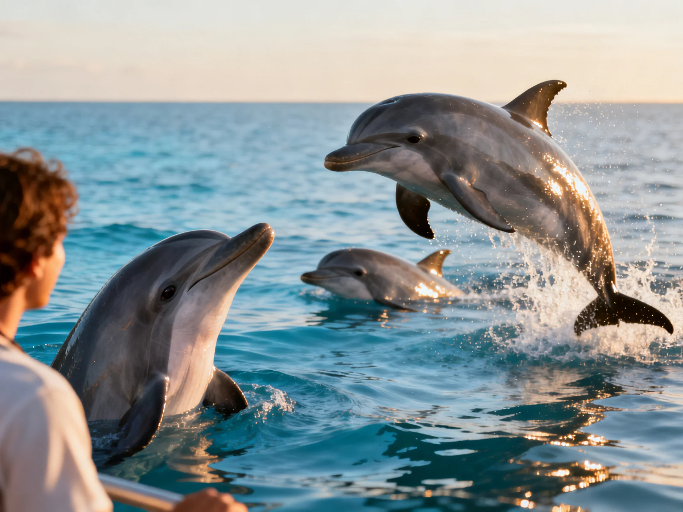 Three dolphins interact with a person in turquoise sea
