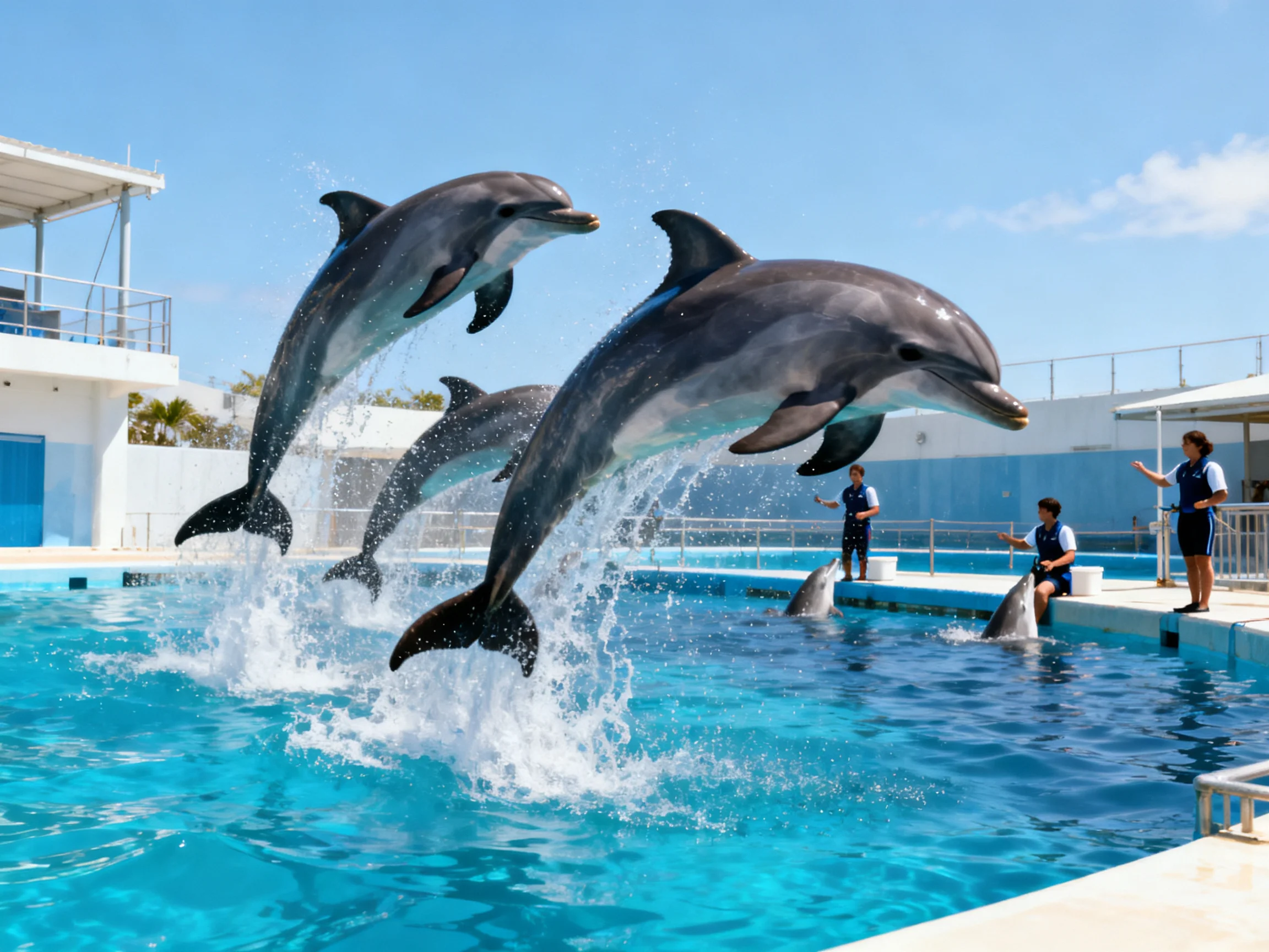 Three dolphins leap from a bright blue pool near trainers
