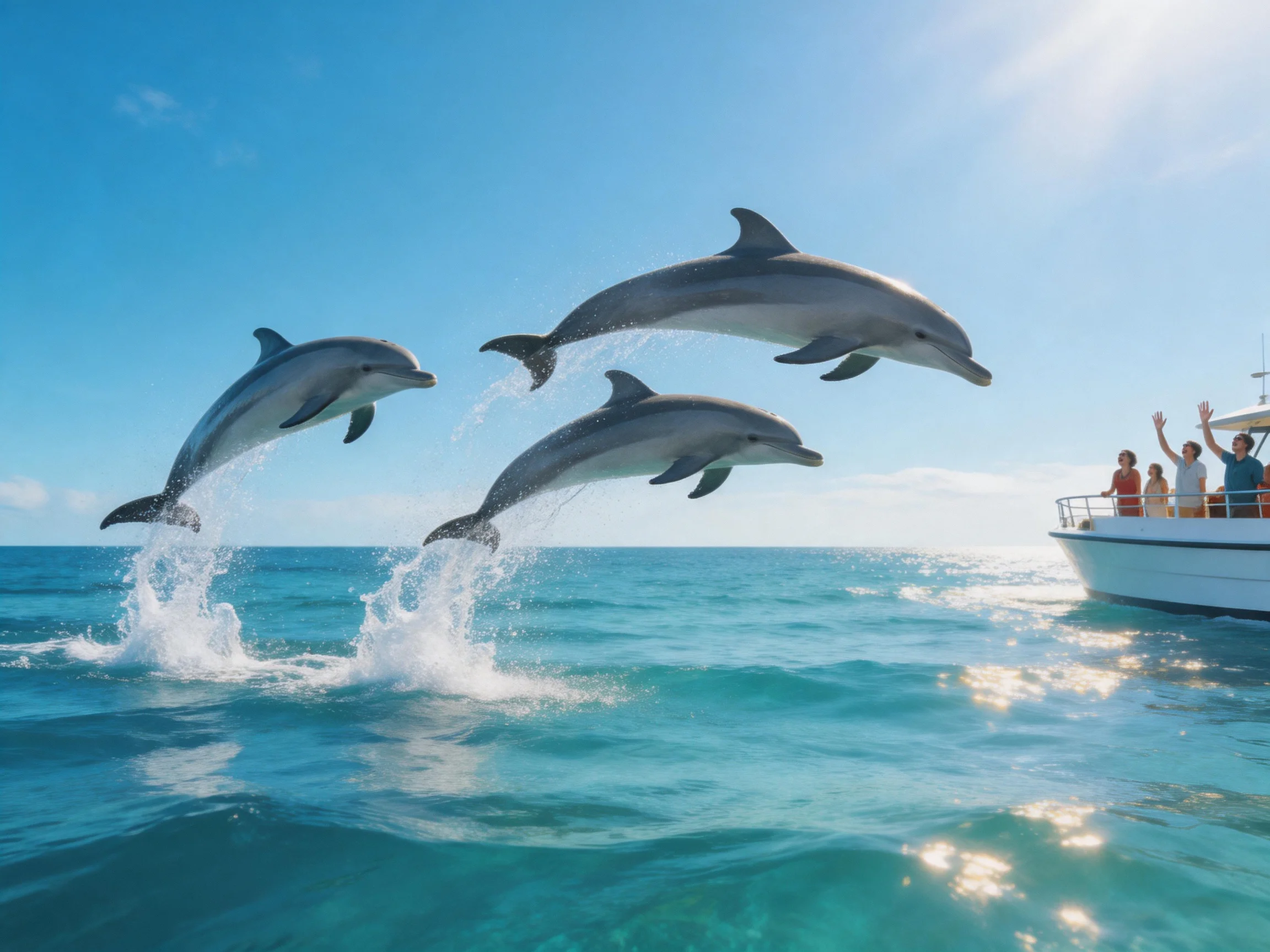 Three dolphins leap from turquoise waters near a white tour boat
