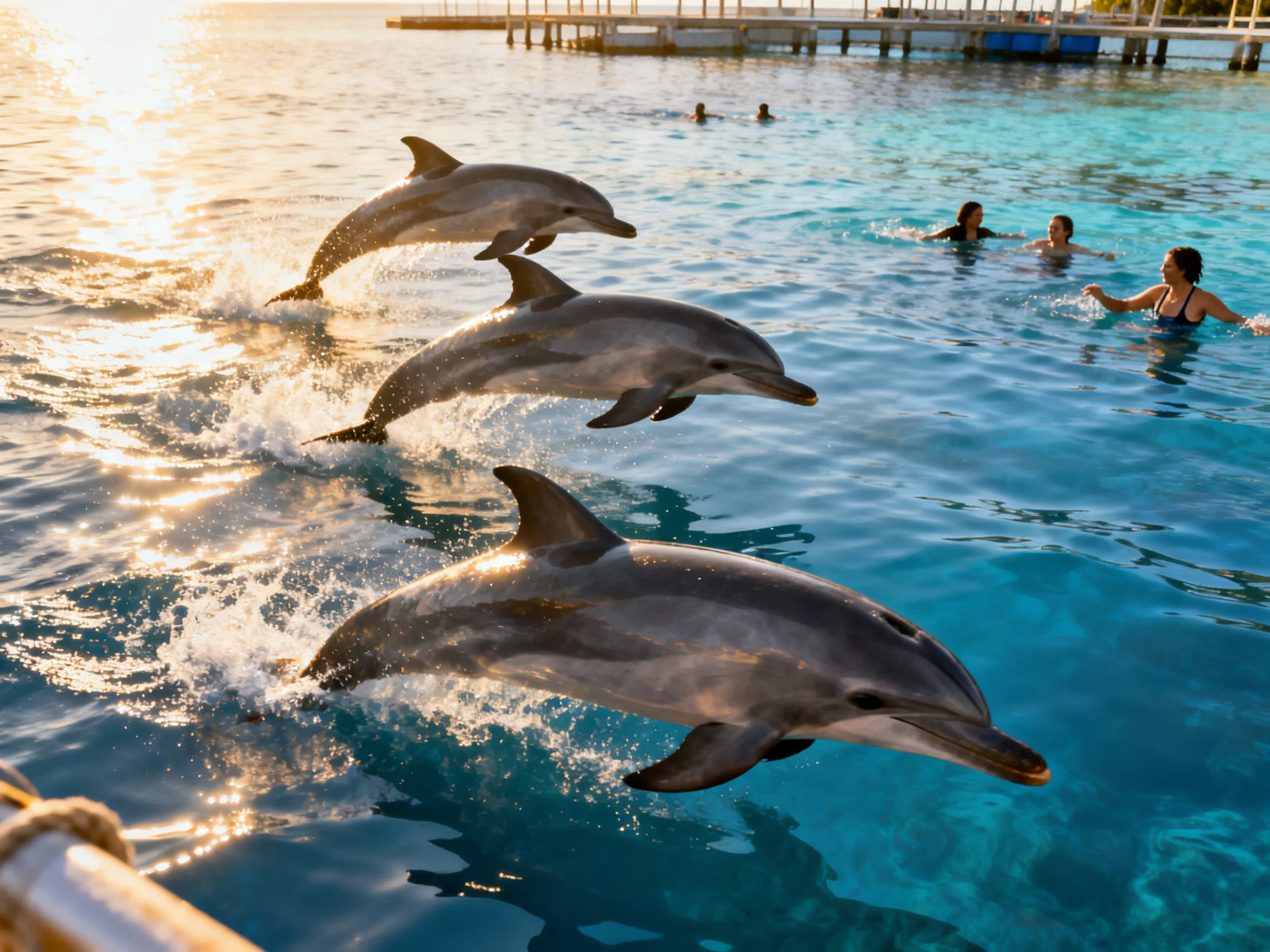 Three dolphins leap through turquoise water near swimmers