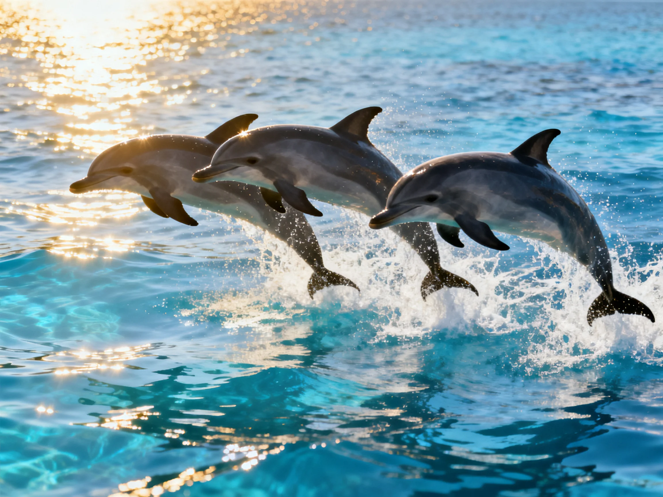 Three dolphins leap through turquoise waters under golden sunlight