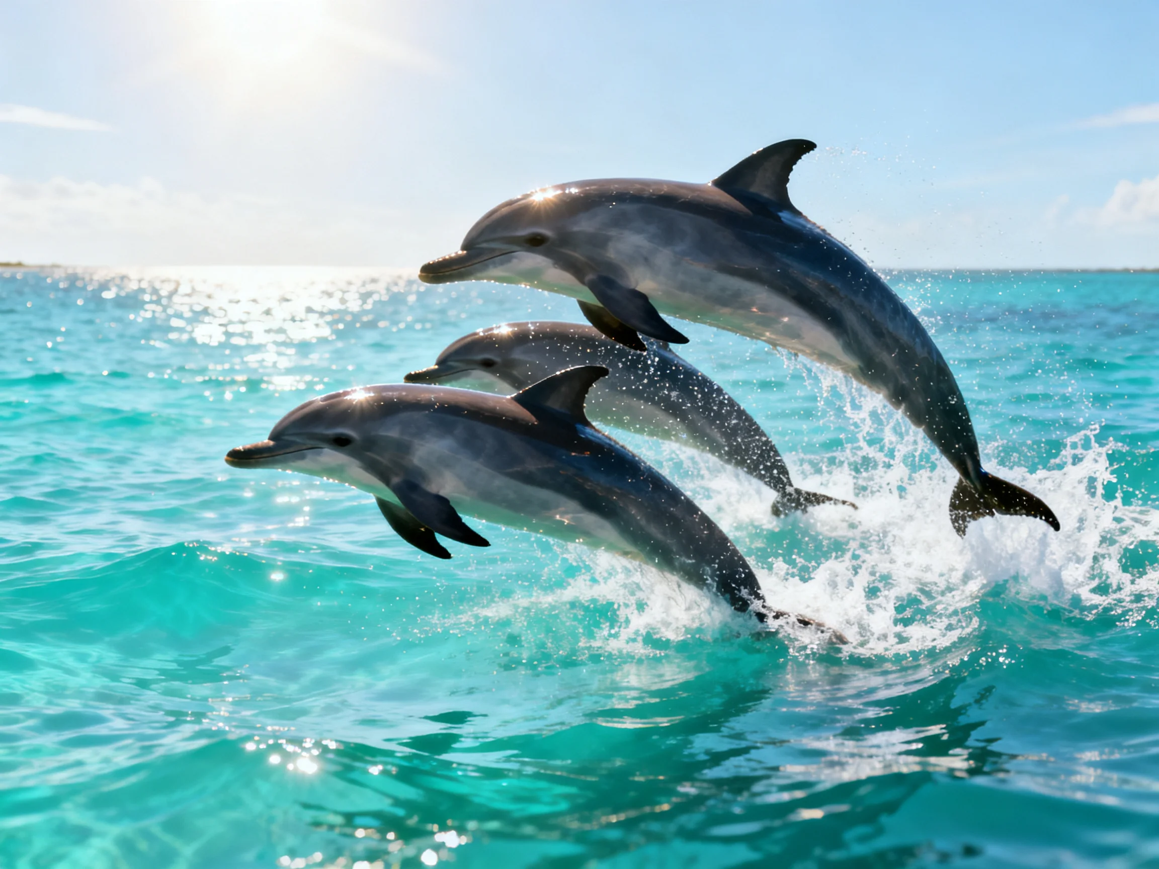 Three dolphins leap through vibrant turquoise waters under sunny skies