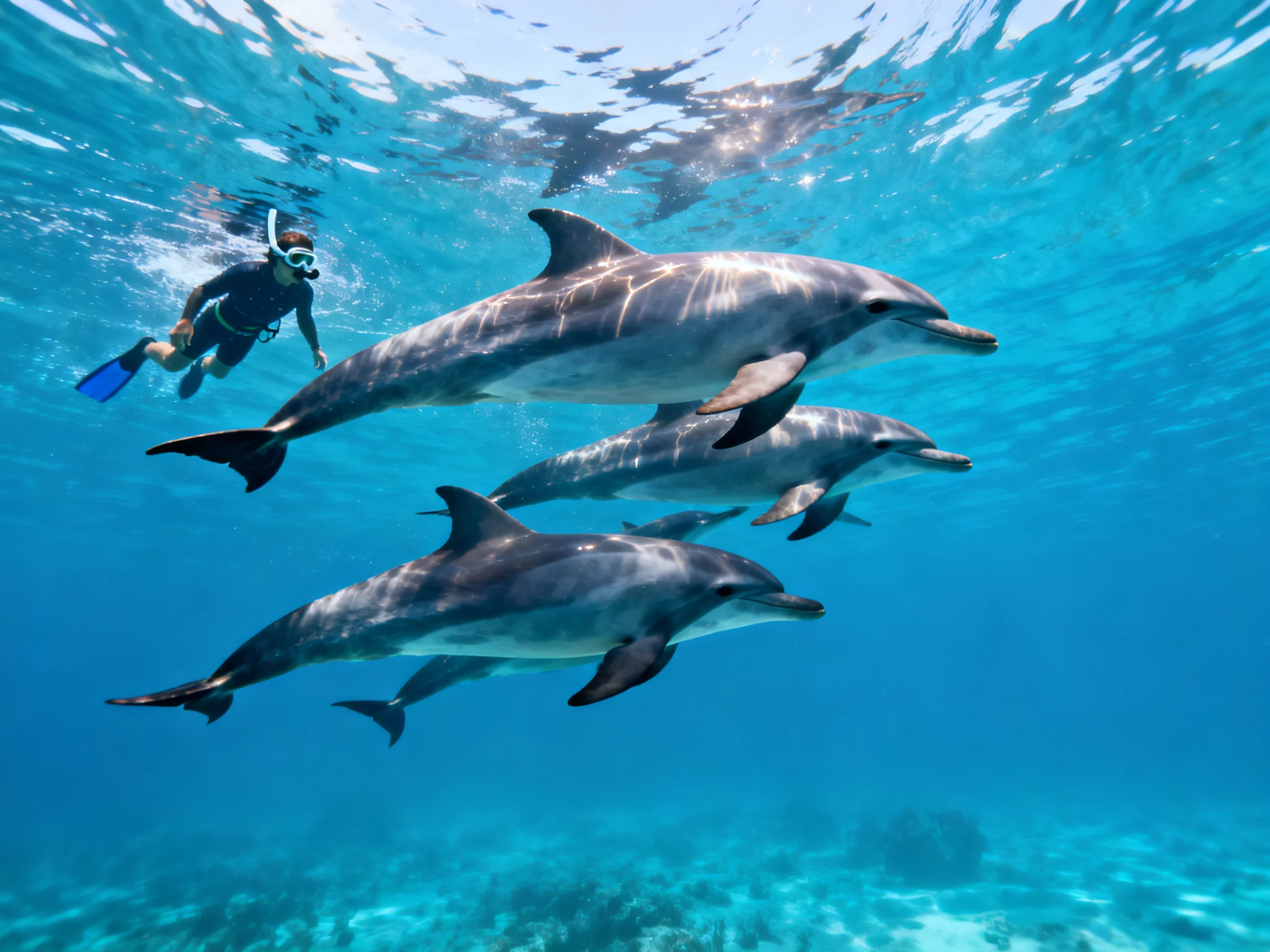 Three dolphins swim near a snorkeler in clear turquoise water