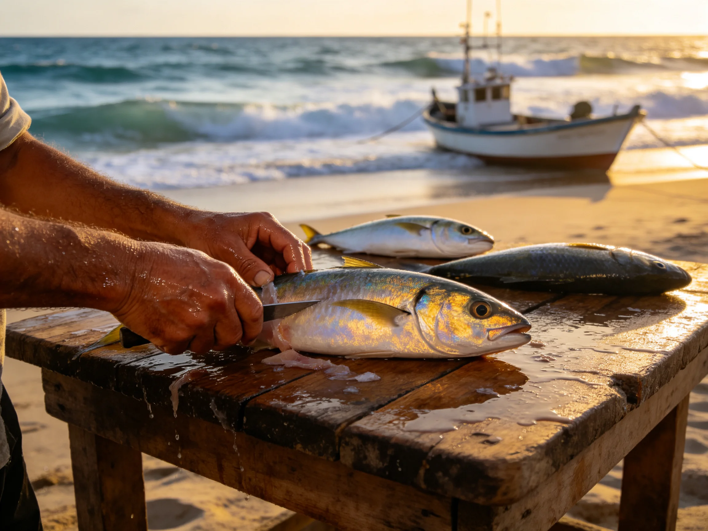 Three fresh fish prepared on a wet wooden table near a fishing boat at sunset
