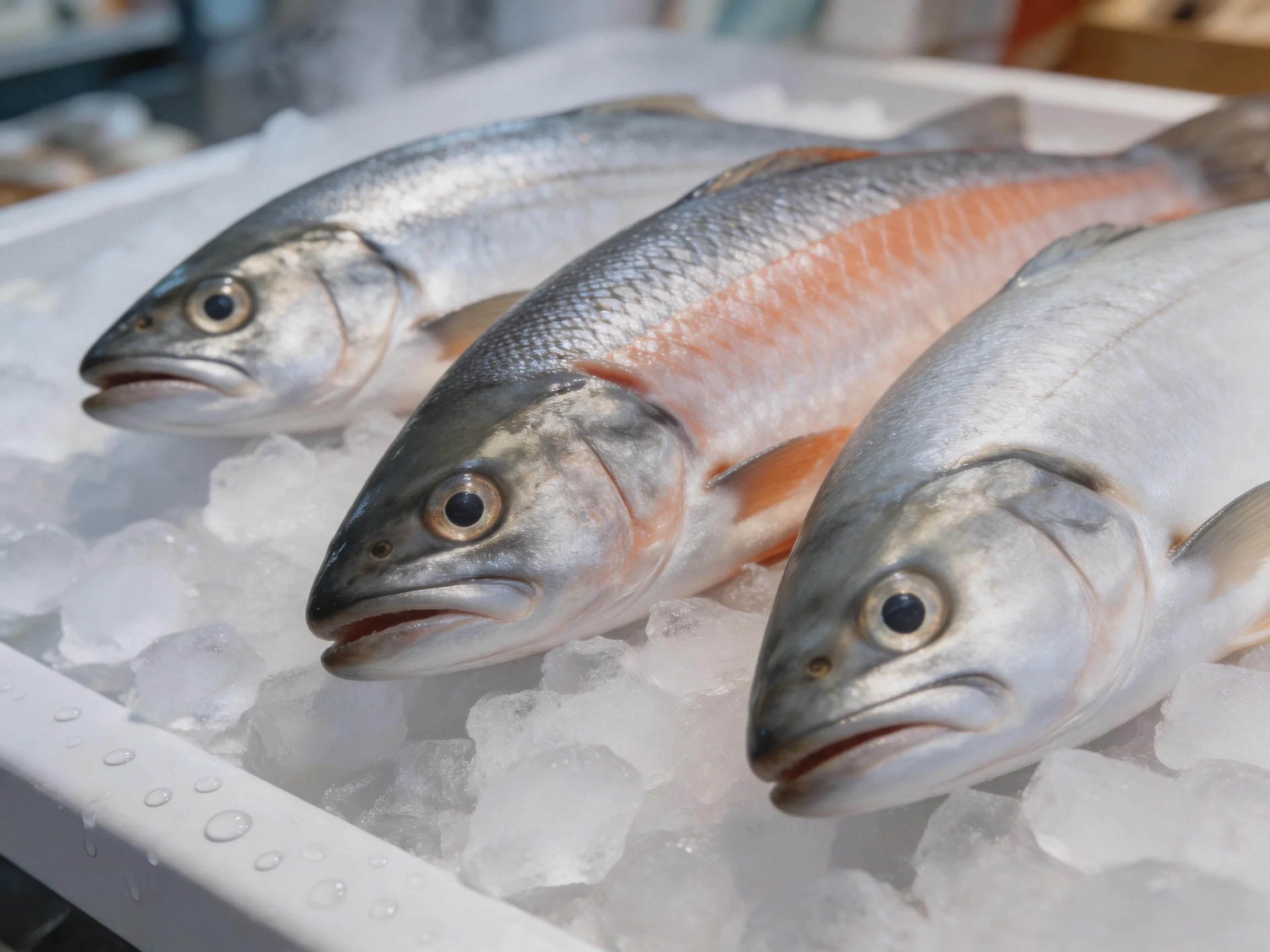 Three fresh fish with silver and pink hues rest on crushed ice