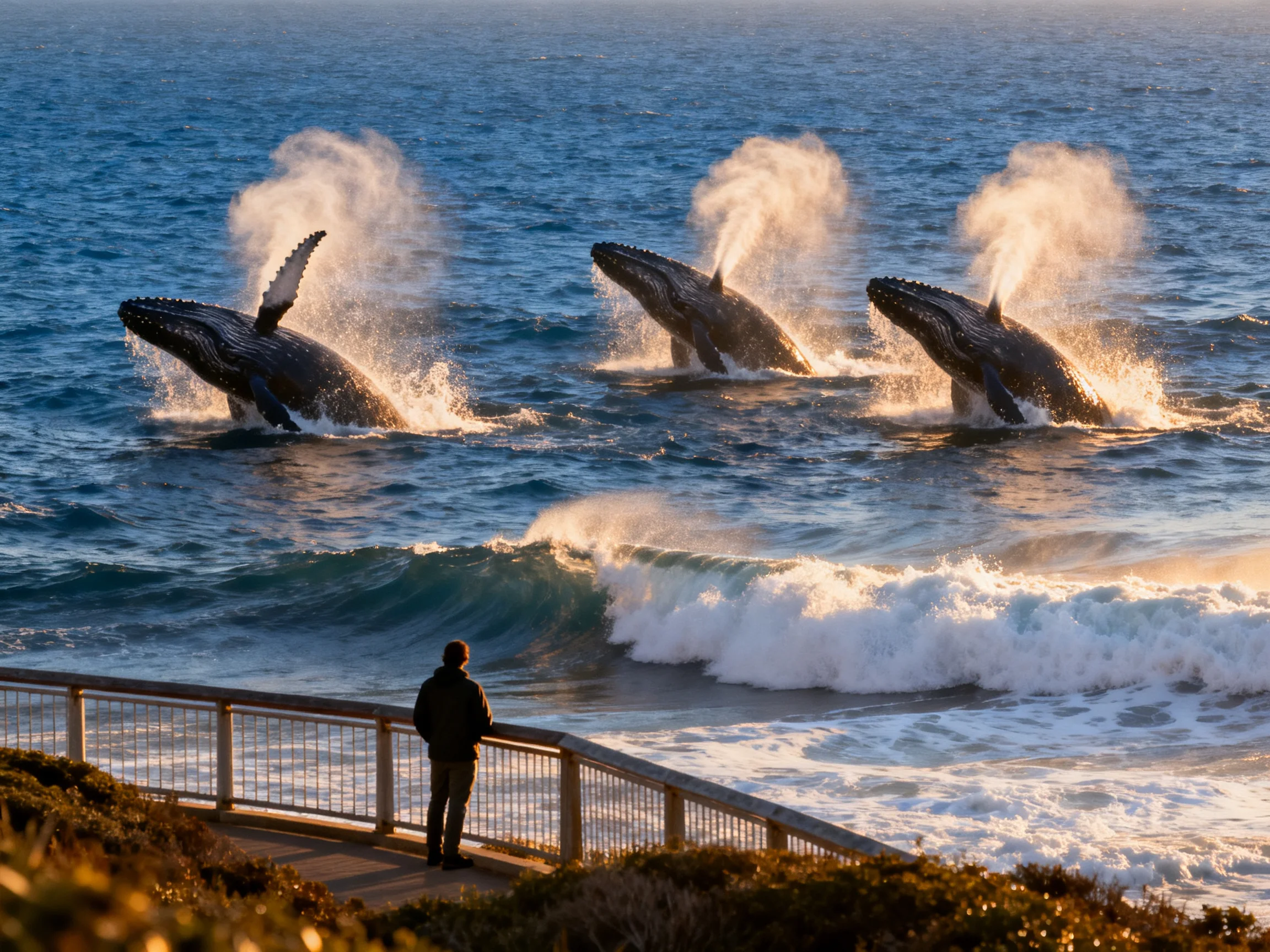 Three humpback whales breaching near a coastal viewing walkway