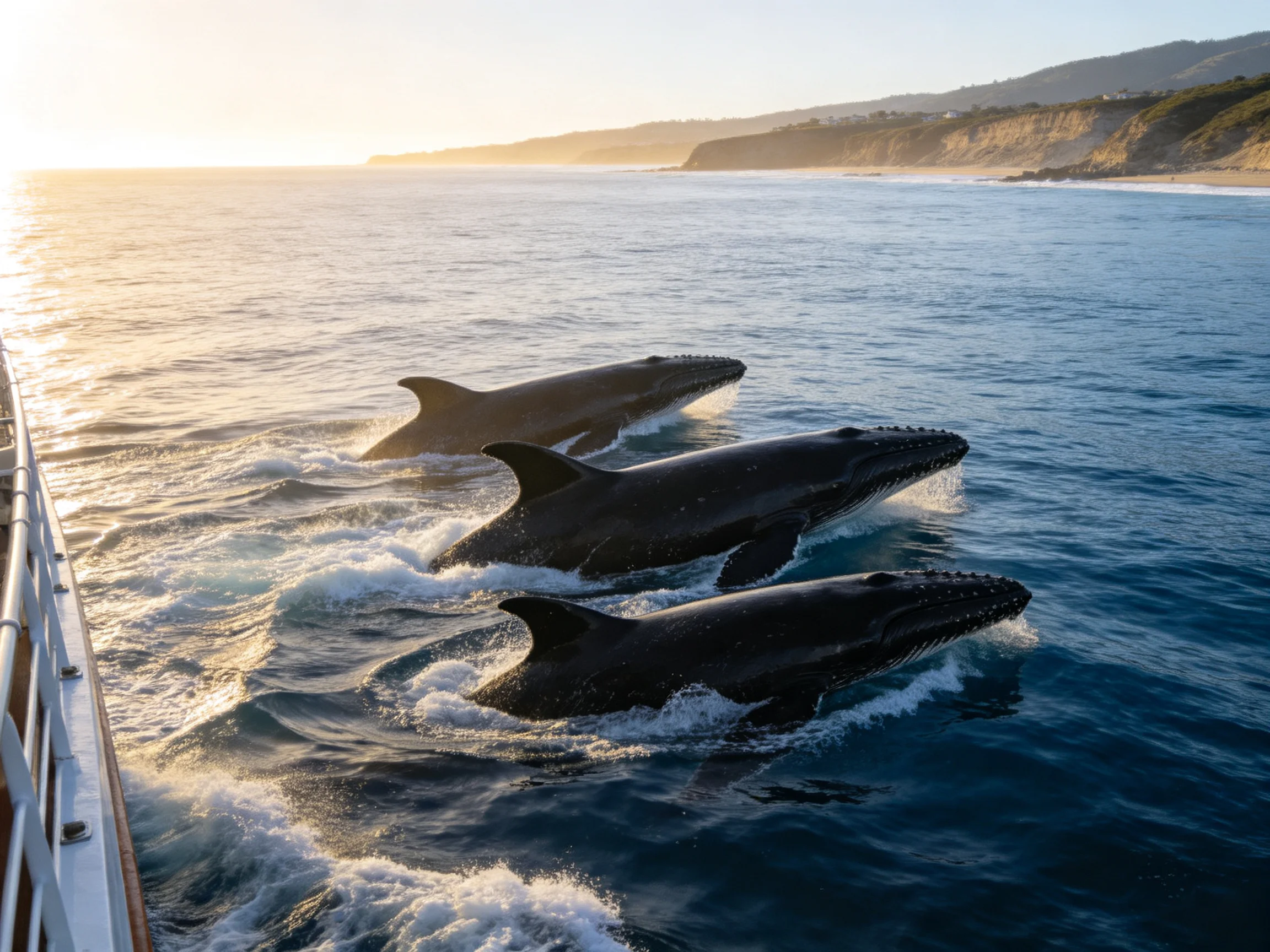 Three humpback whales swim near a boat with golden sunlight