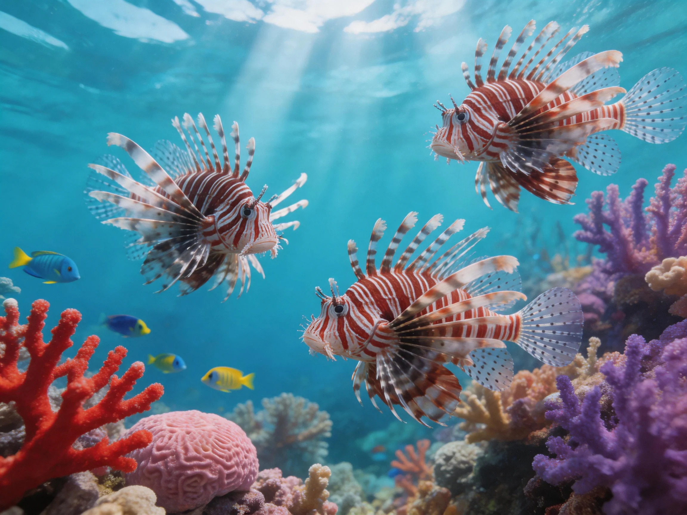 Three lionfish swim among colorful corals