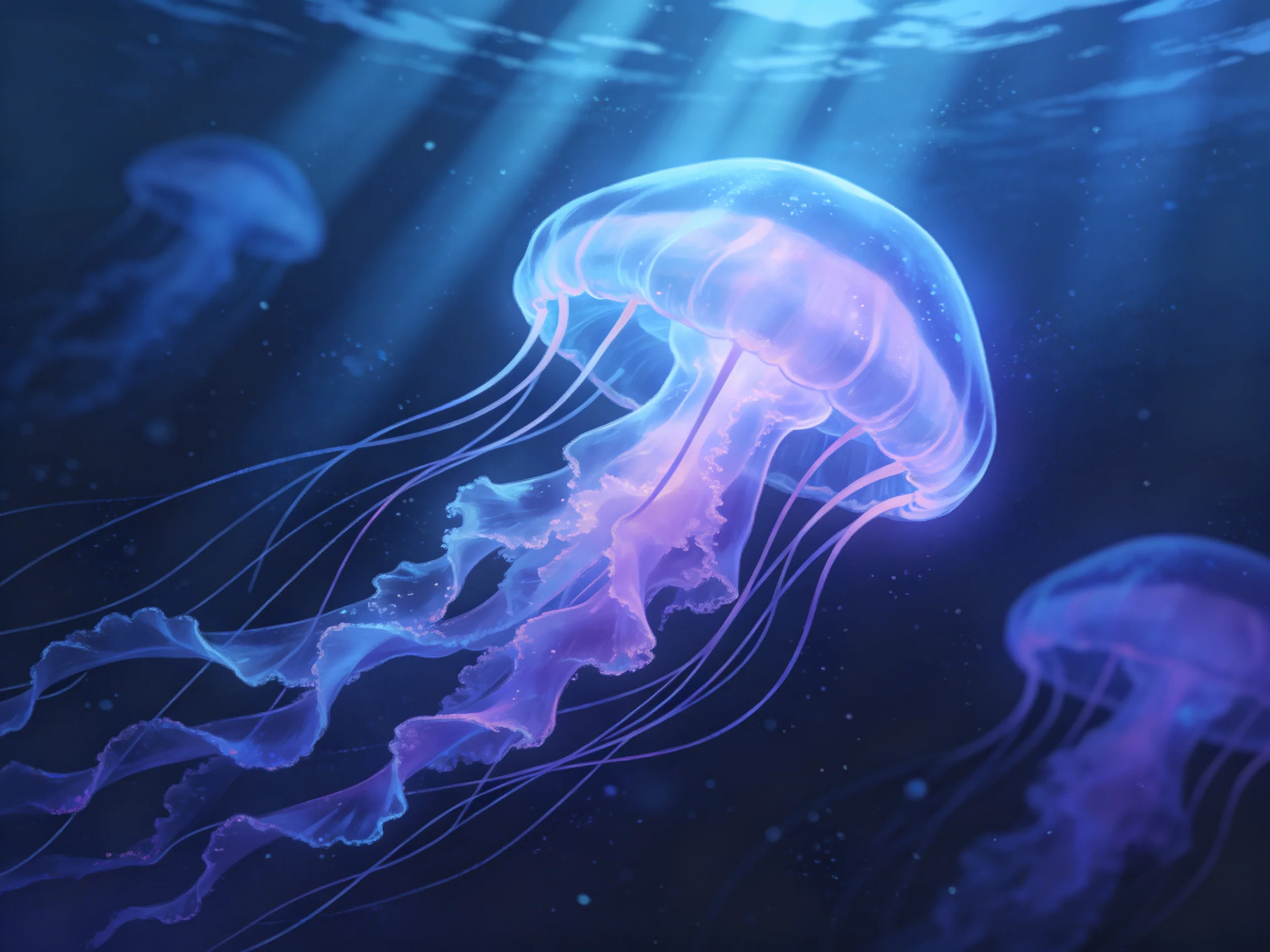 Three luminous jellyfish swim in deep blue ocean waters