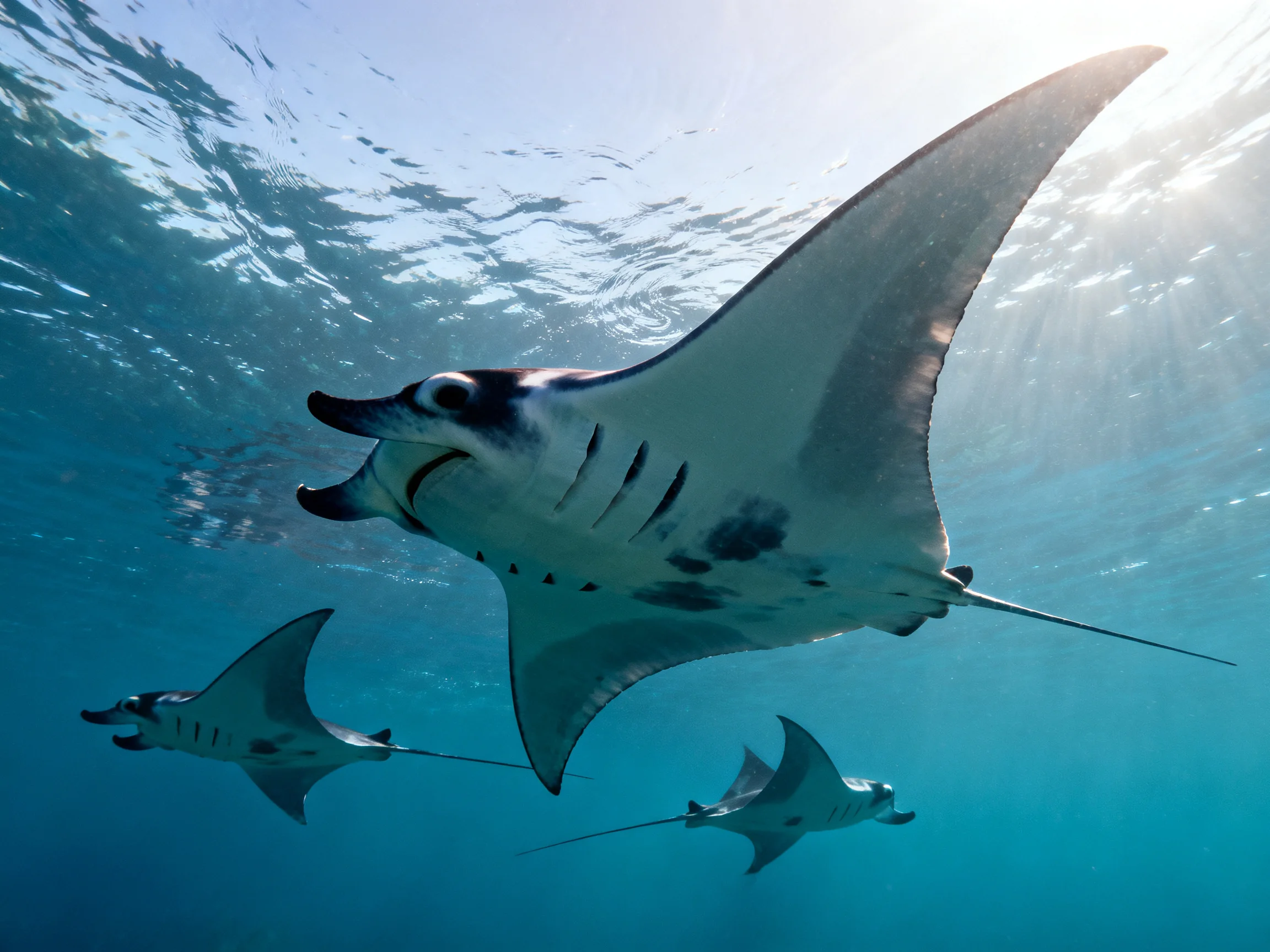 Three manta rays glide through clear turquoise waters near the sunlit surface