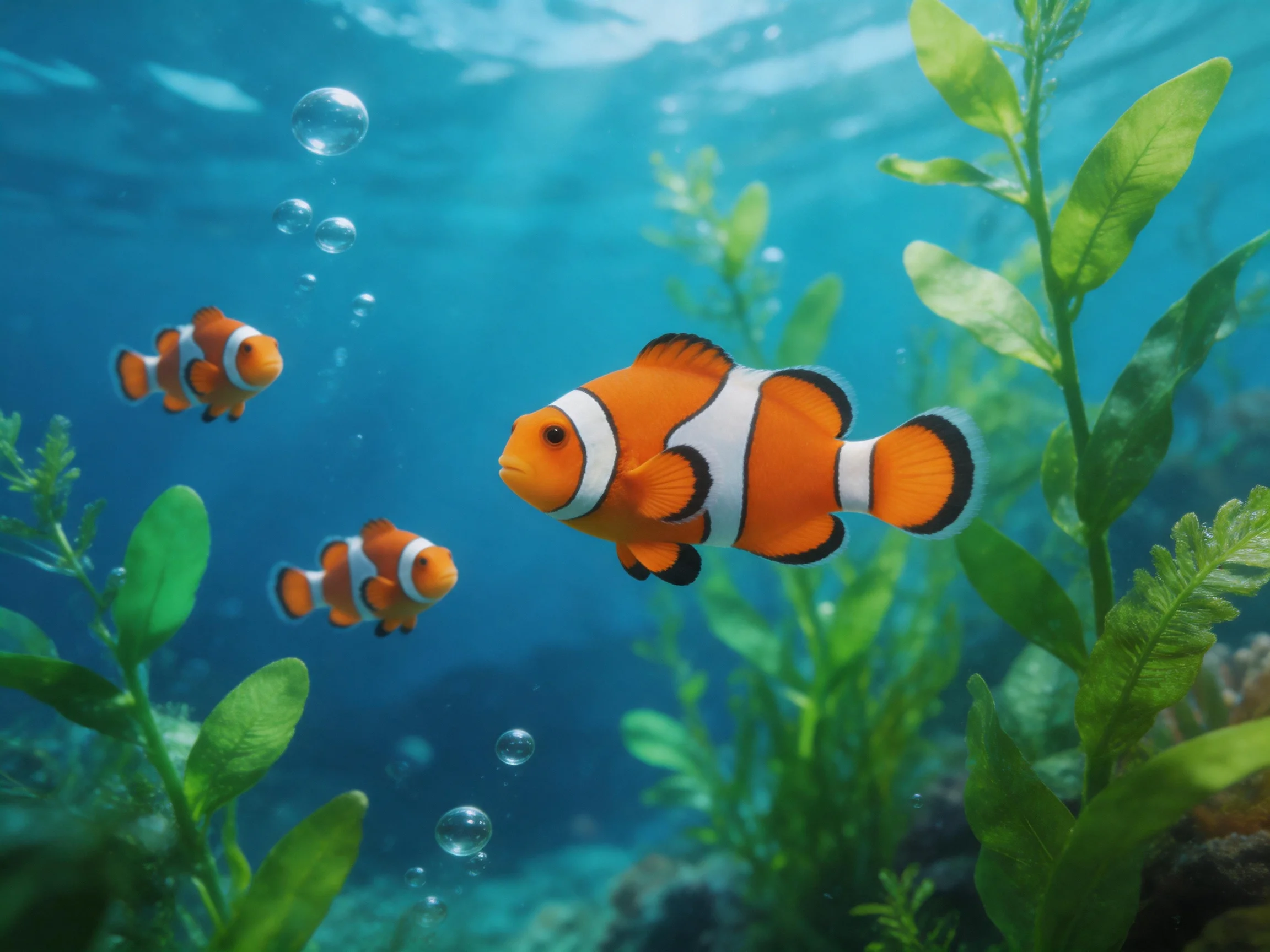Three orange clownfish swim among vibrant green seaweed in clear blue water