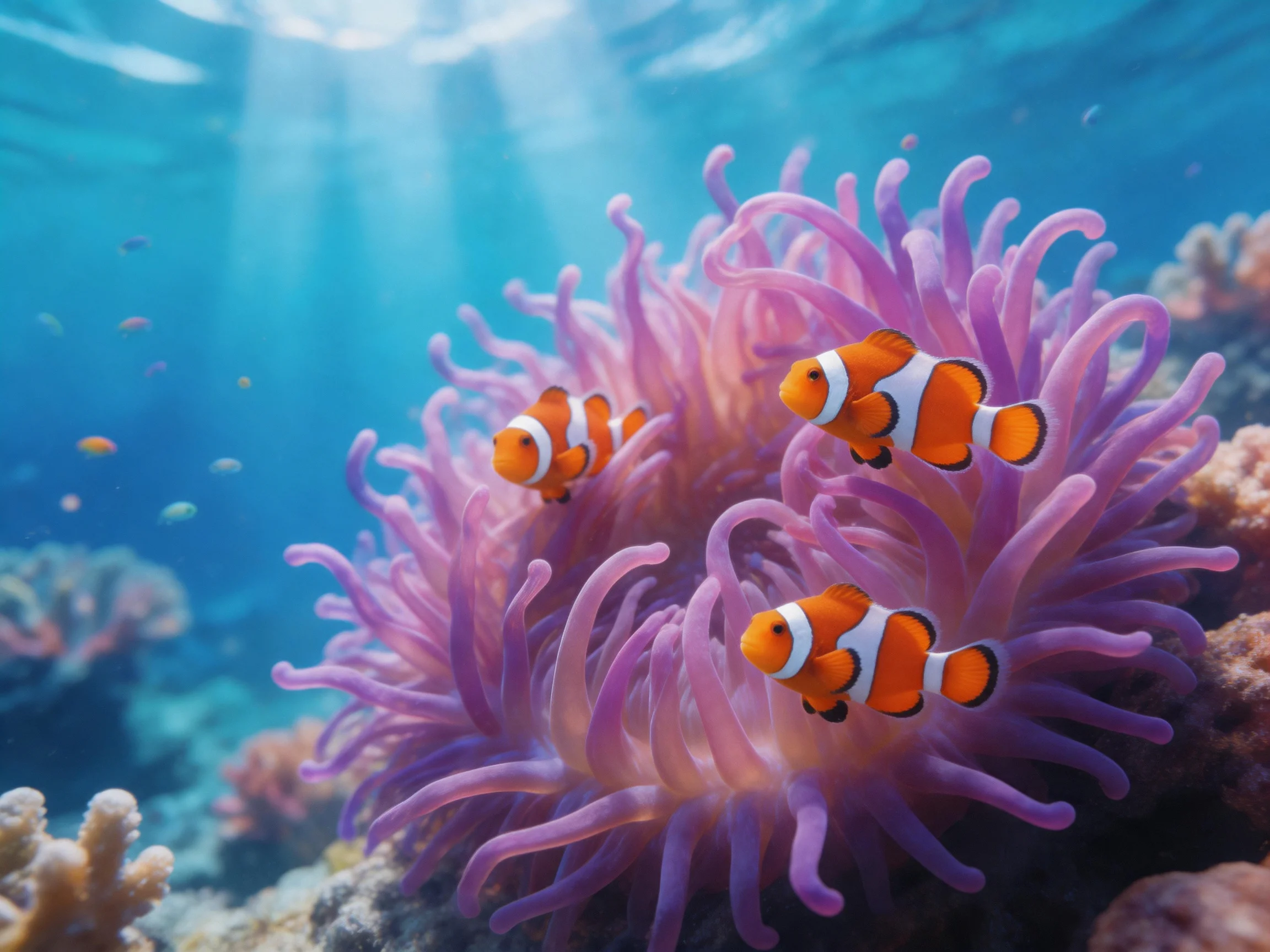 Three orange clownfish swim near a large purple sea anemone