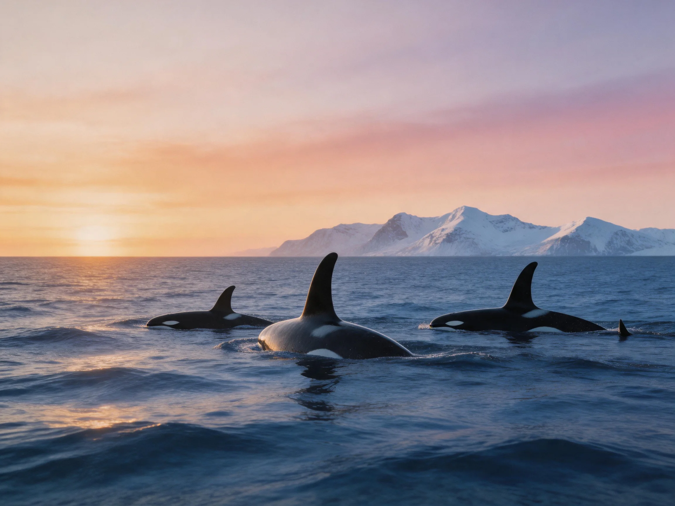 Three orcas swim near snow - capped mountains at sunset