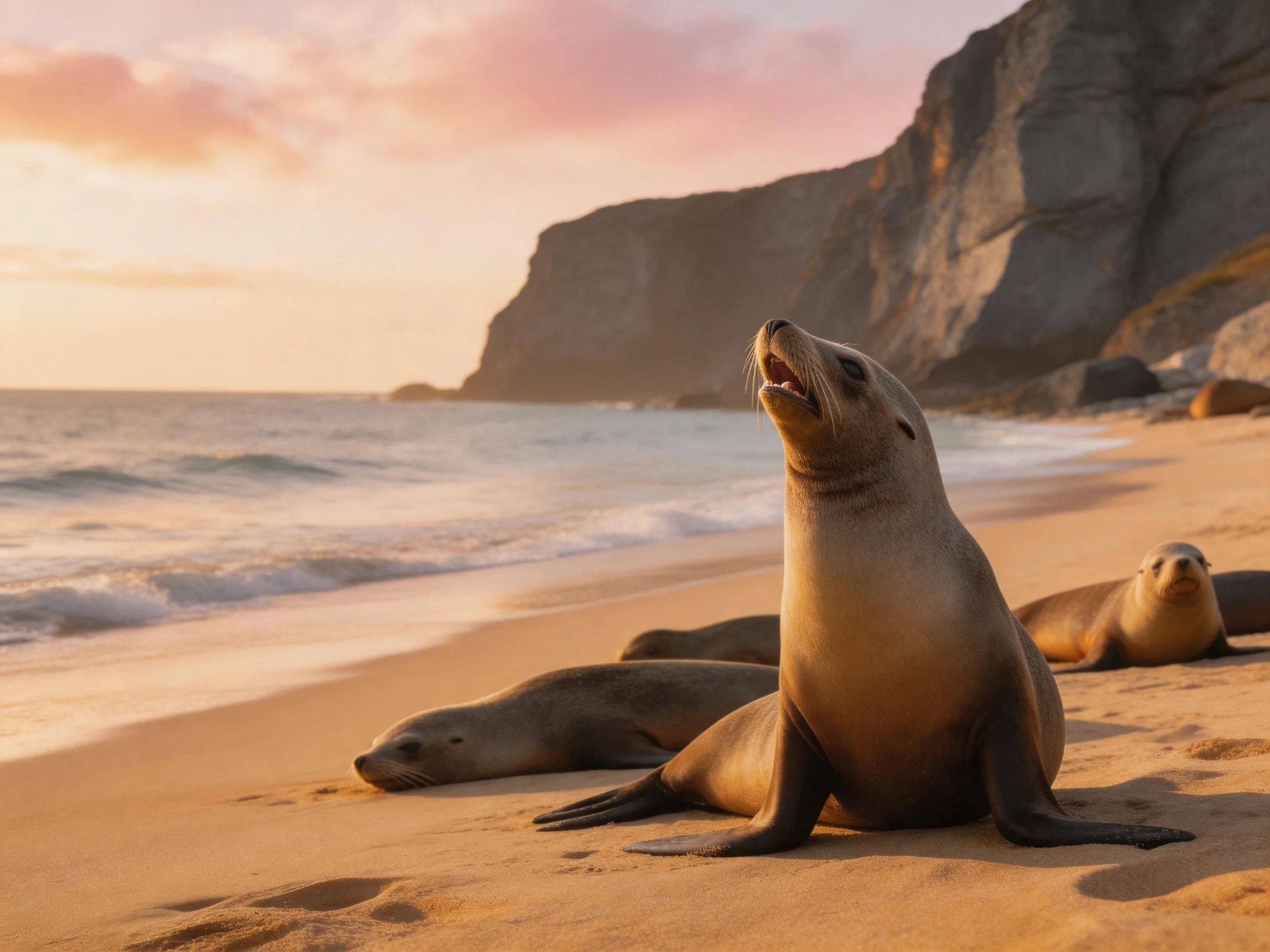 Three sea lions rest on golden sand near rocky cliffs at sunset