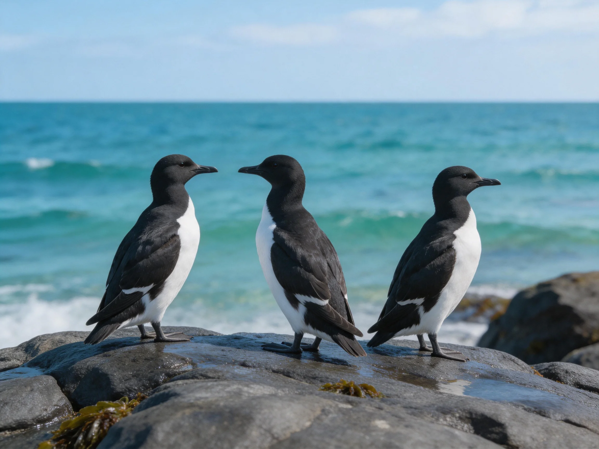 Three seabirds with black and white plumage on a rocky coastline