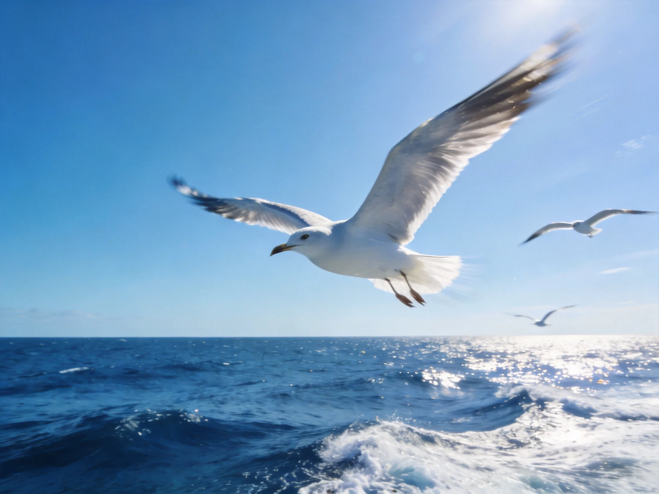 Three seagulls soar above a bright blue ocean under a clear sky