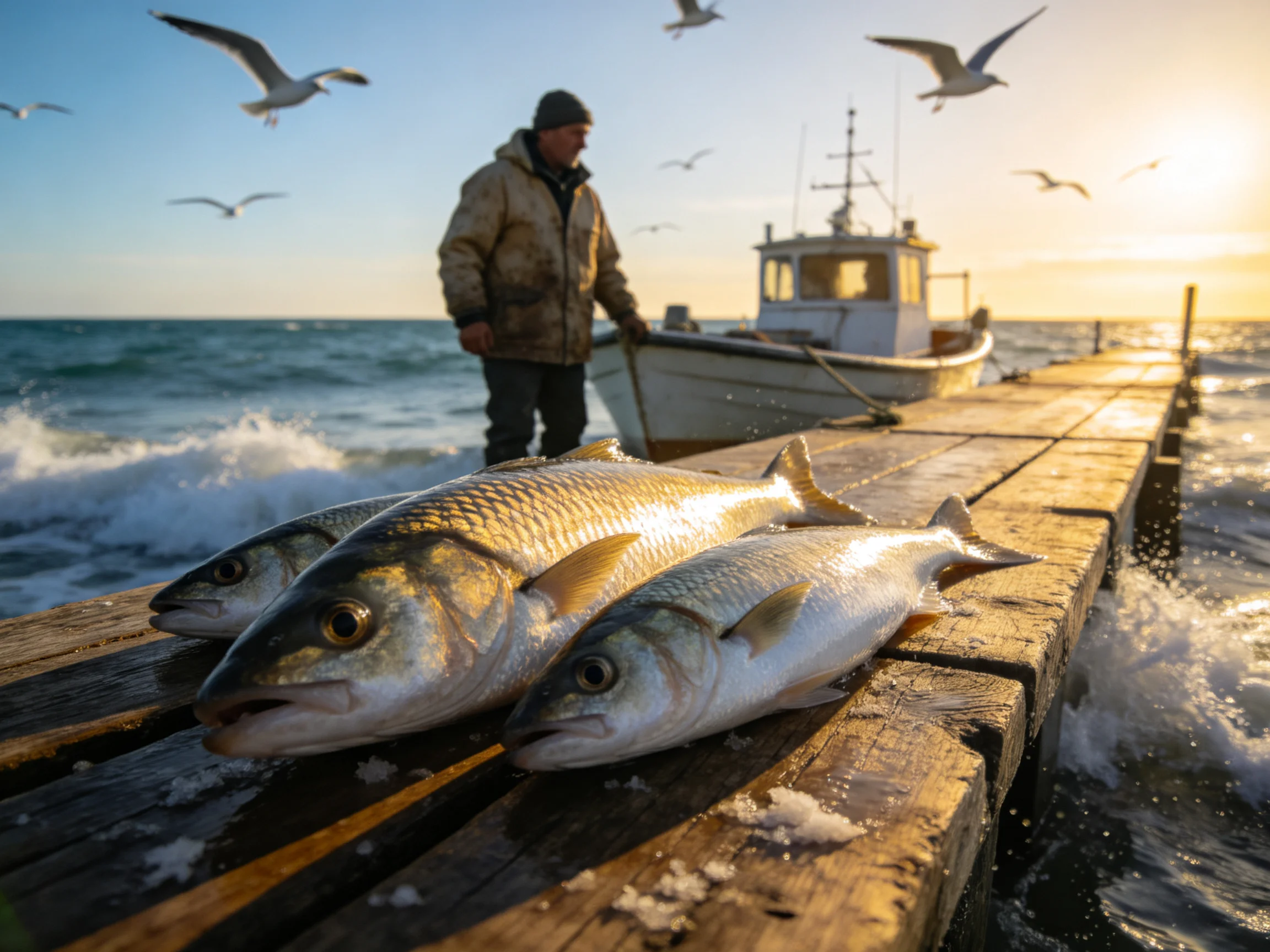 Three silver fish rest on a weathered dock near a fishing boat