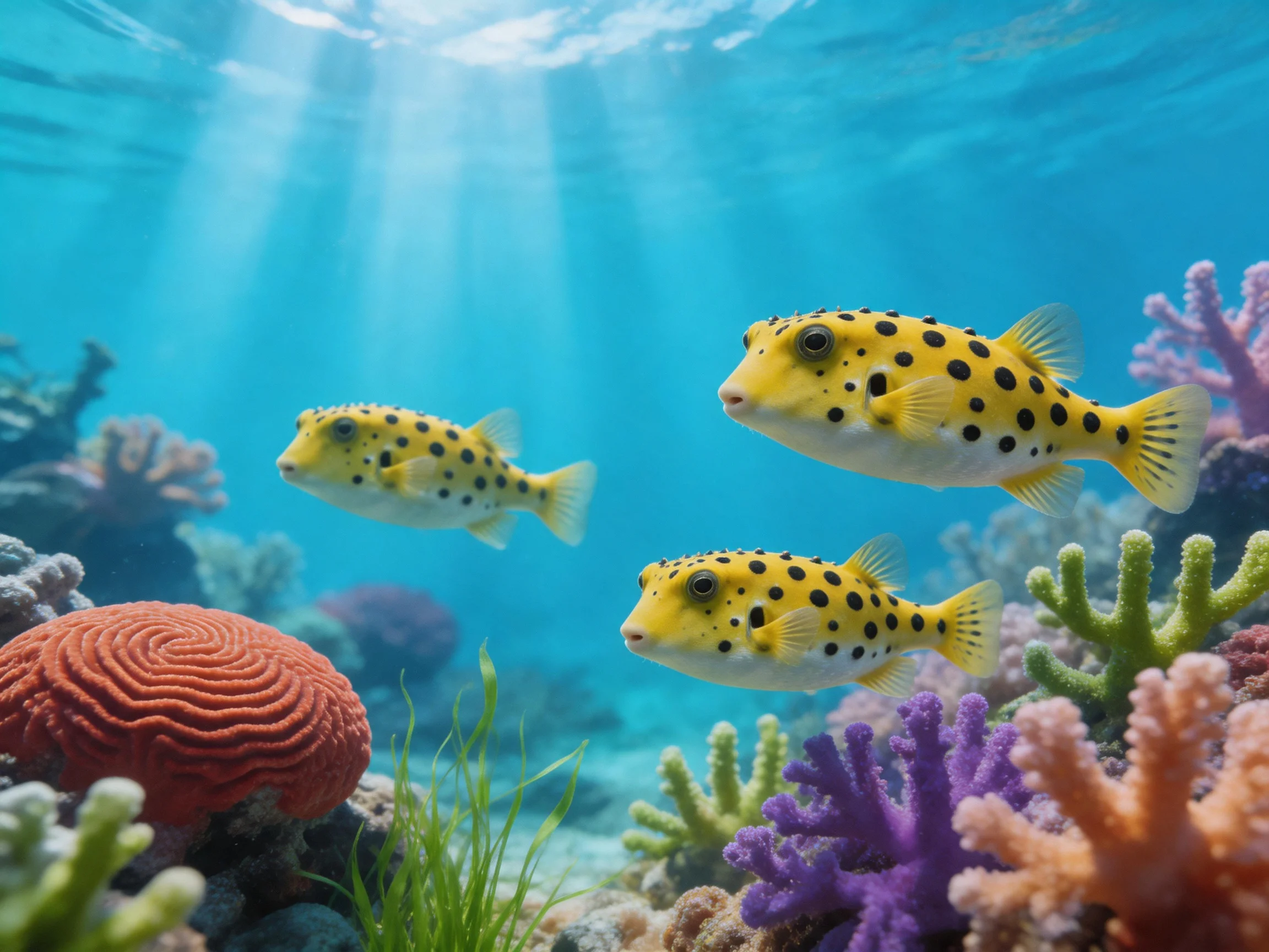 Three spotted yellow fish swim among colorful corals in an underwater scene