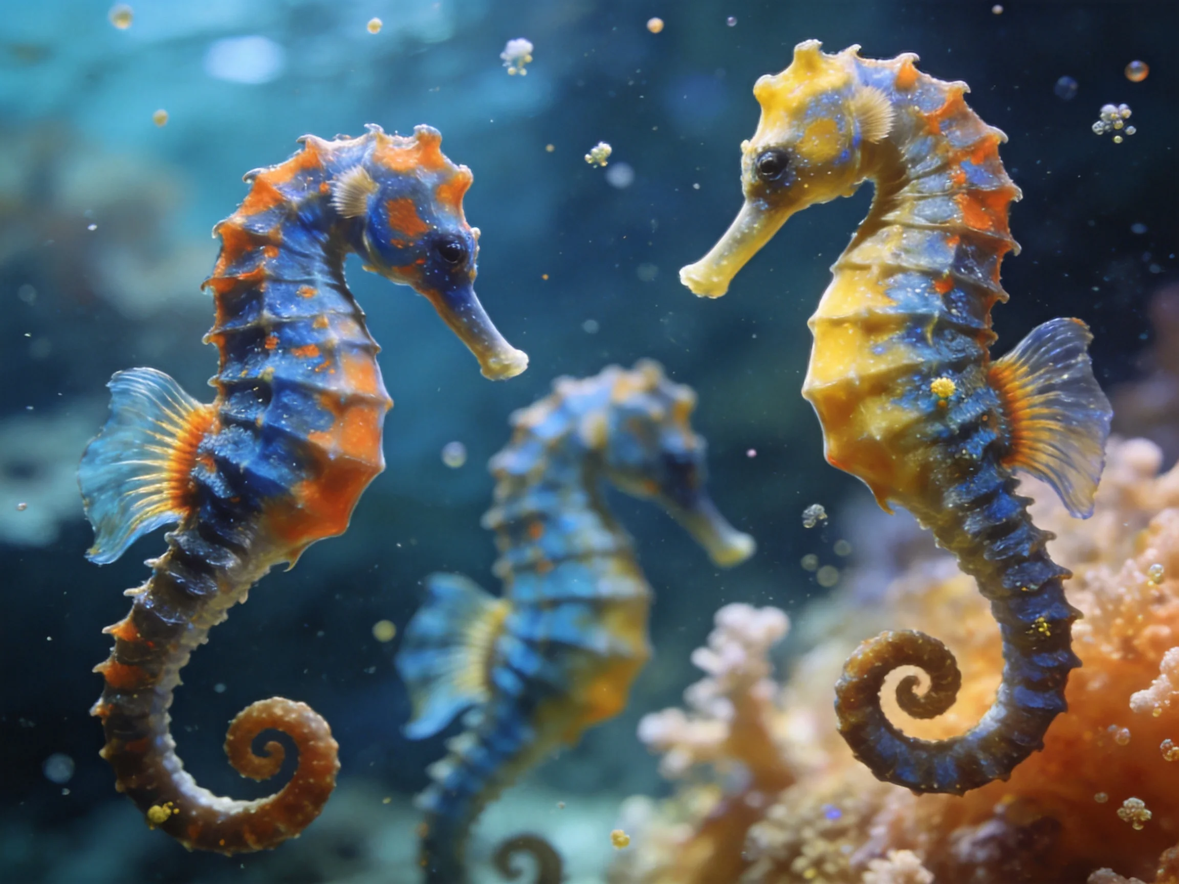 Three vibrantly colored seahorses swim among coral reefs in an underwater setting