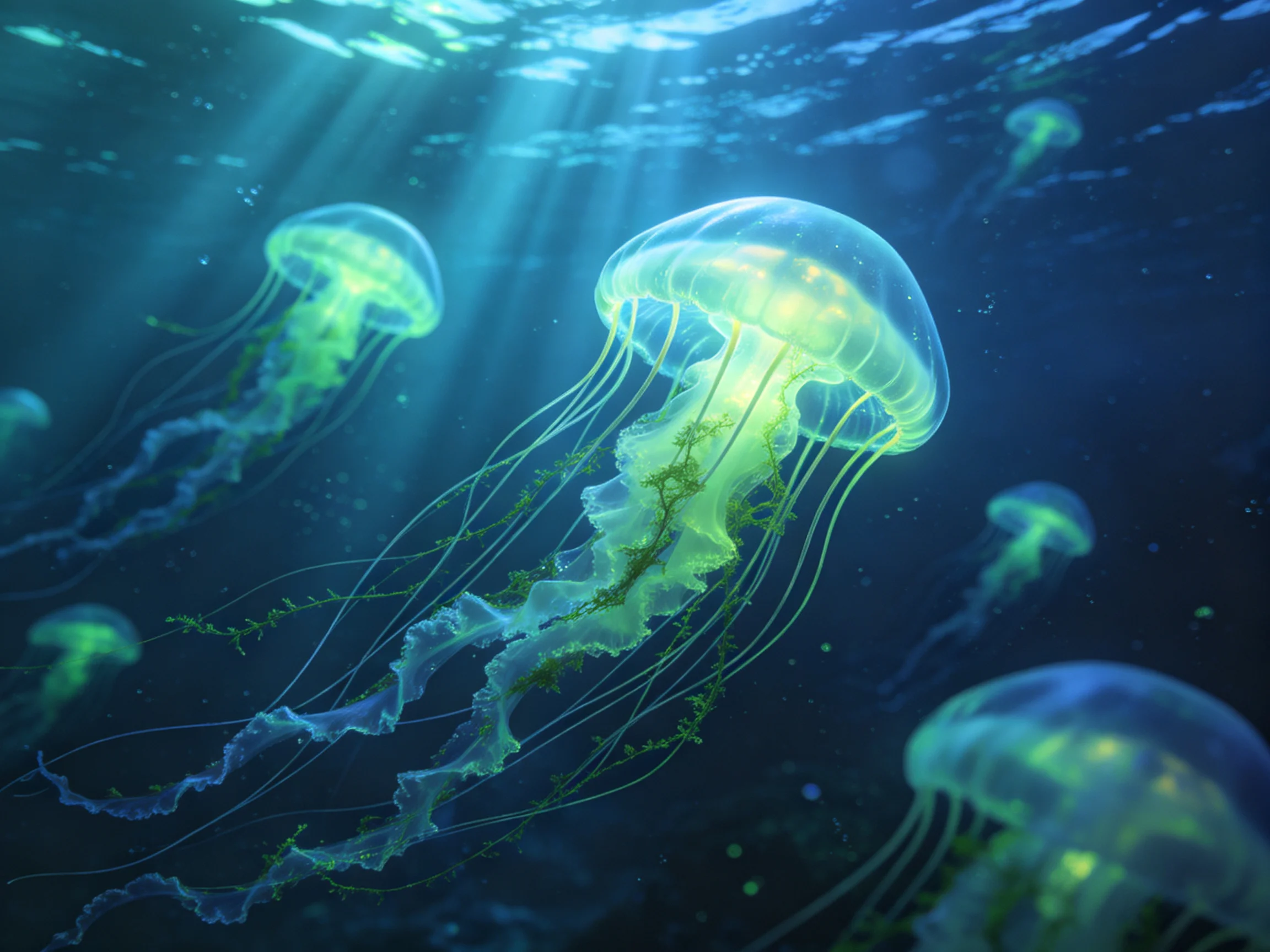 Translucent green jellyfish glide through deep blue ocean depths