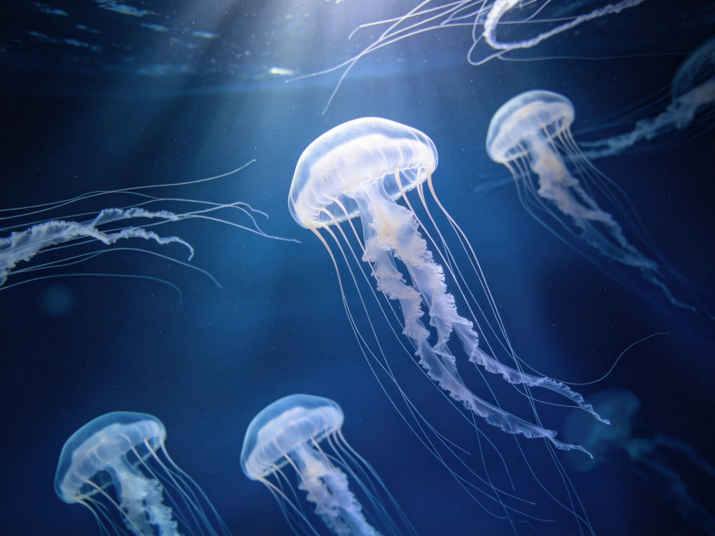 Translucent jellyfish glide in dark blue water with soft illumination.