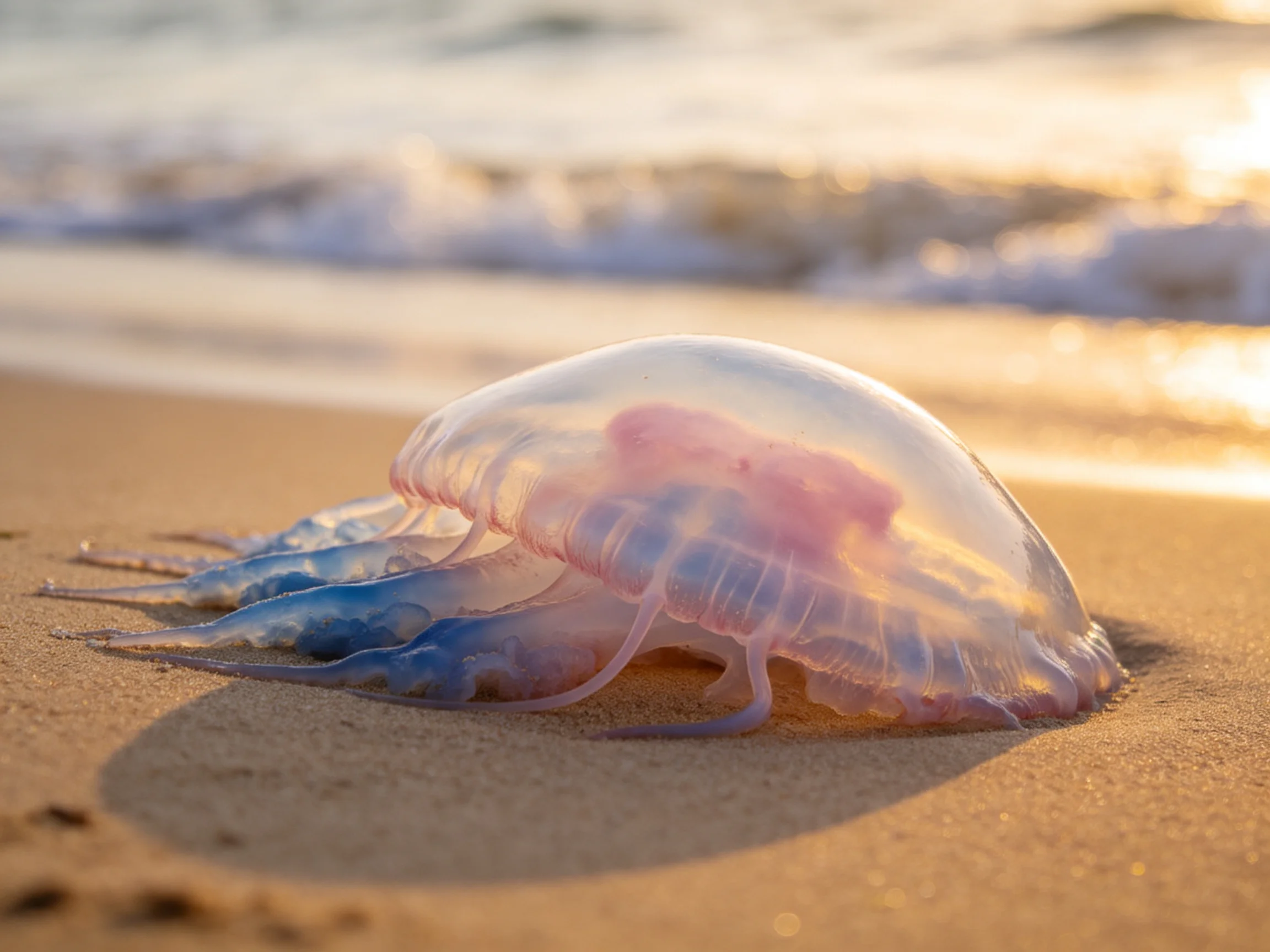 Translucent pink jellyfish rests on golden sandy beach near ocean waves