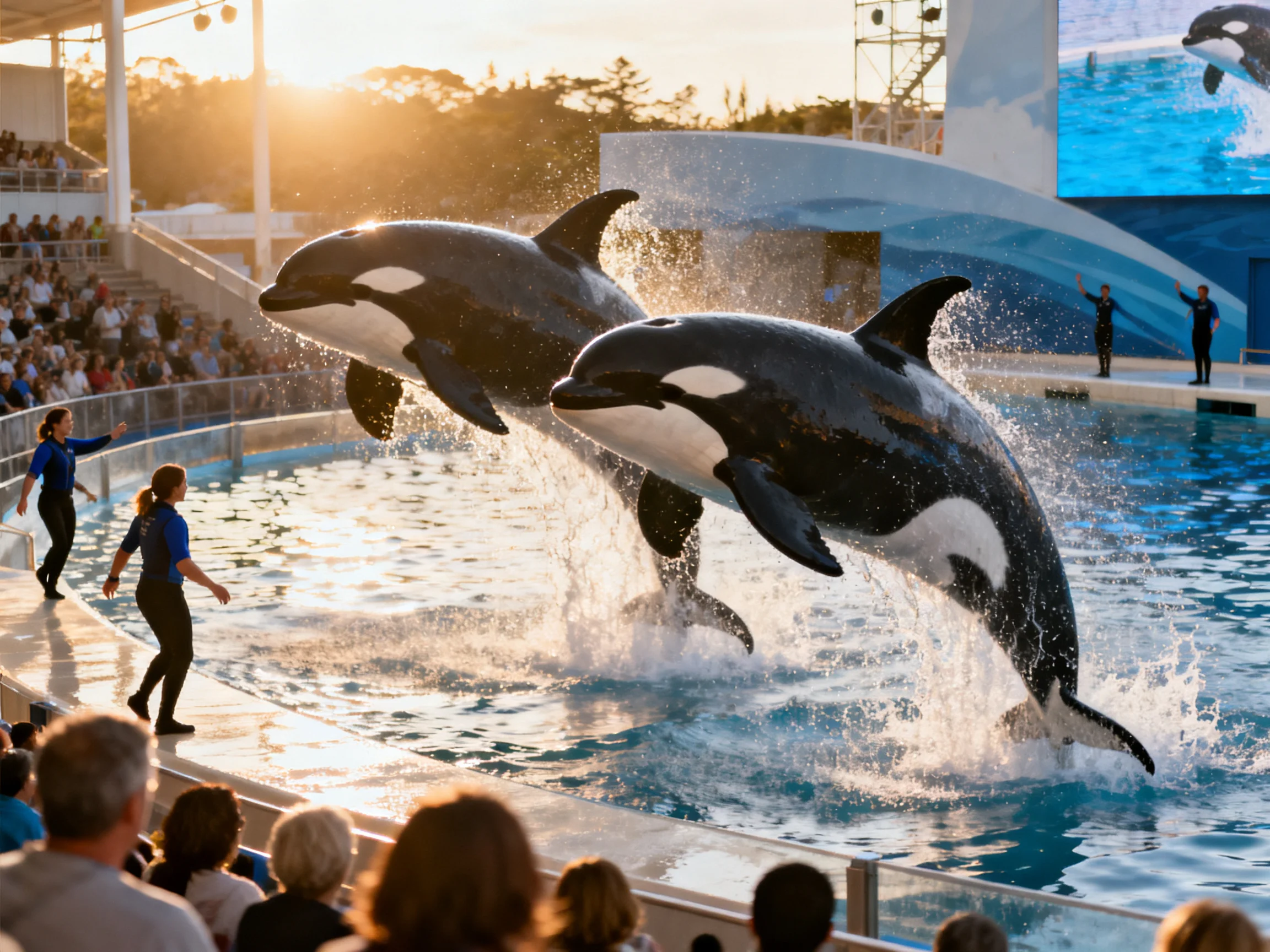 Two black-and-white orcas leap from a pool in a marine show
