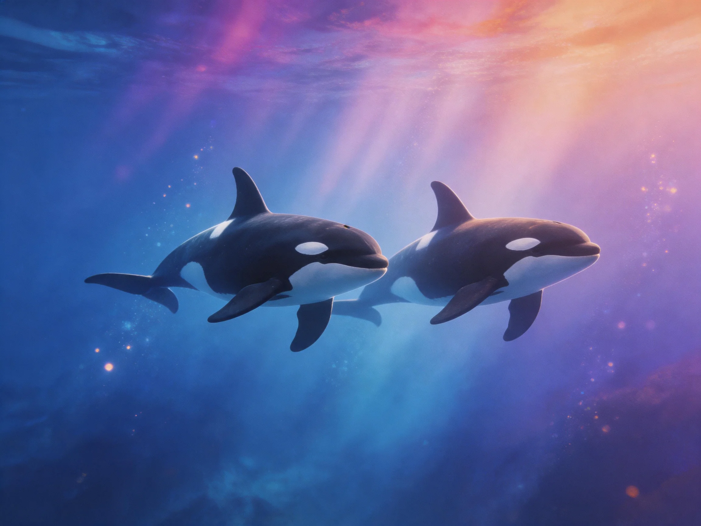 Two black-and-white orcas swim in a vibrantly hued underwater realm with sunlight streaming down