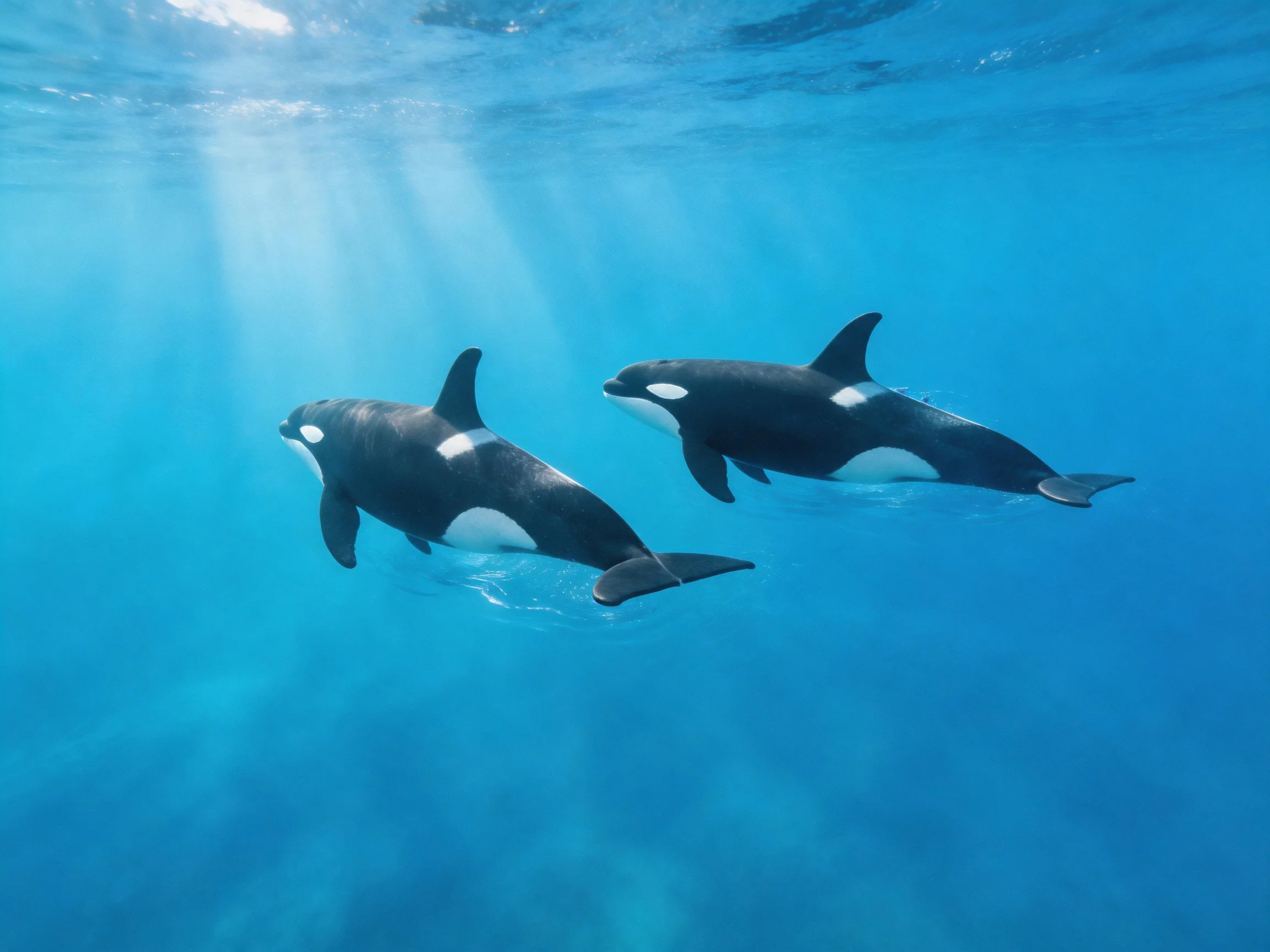 Two black-and-white orcas swim in clear blue ocean waters