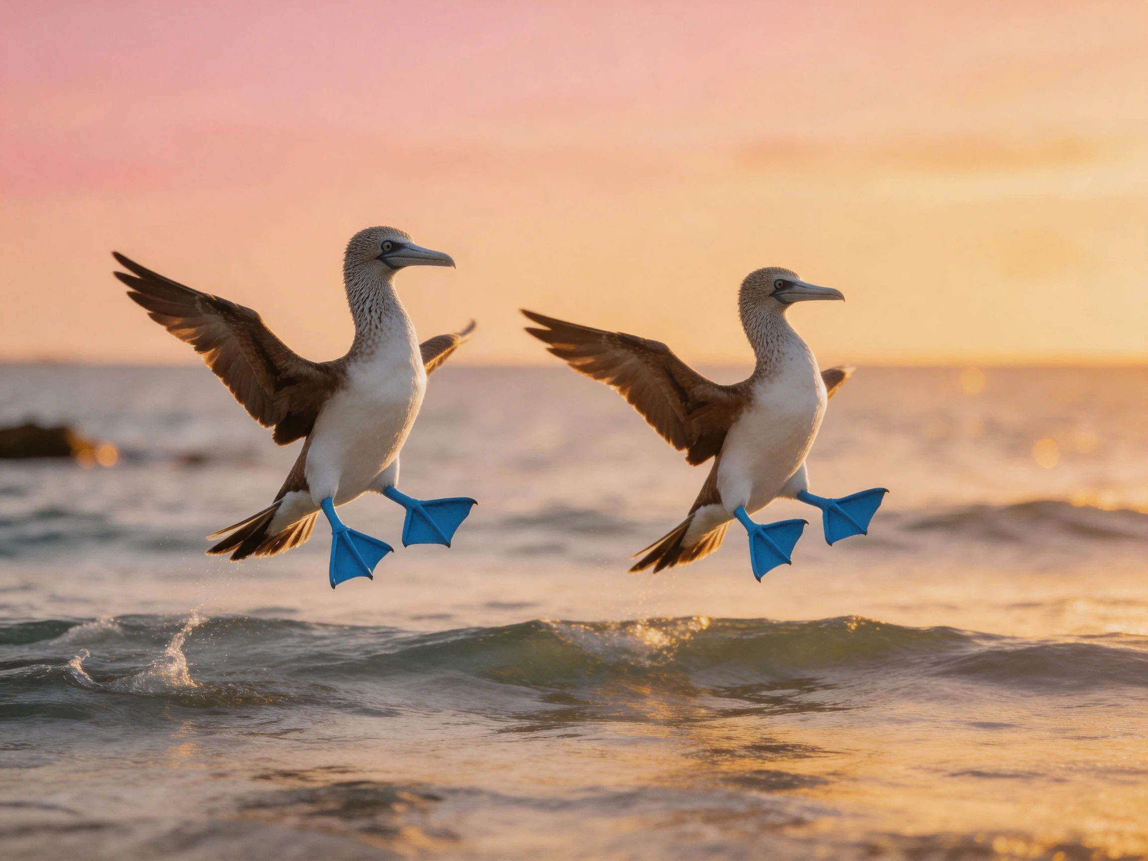 Two blue-footed boobies soaring over ocean waves at sunset