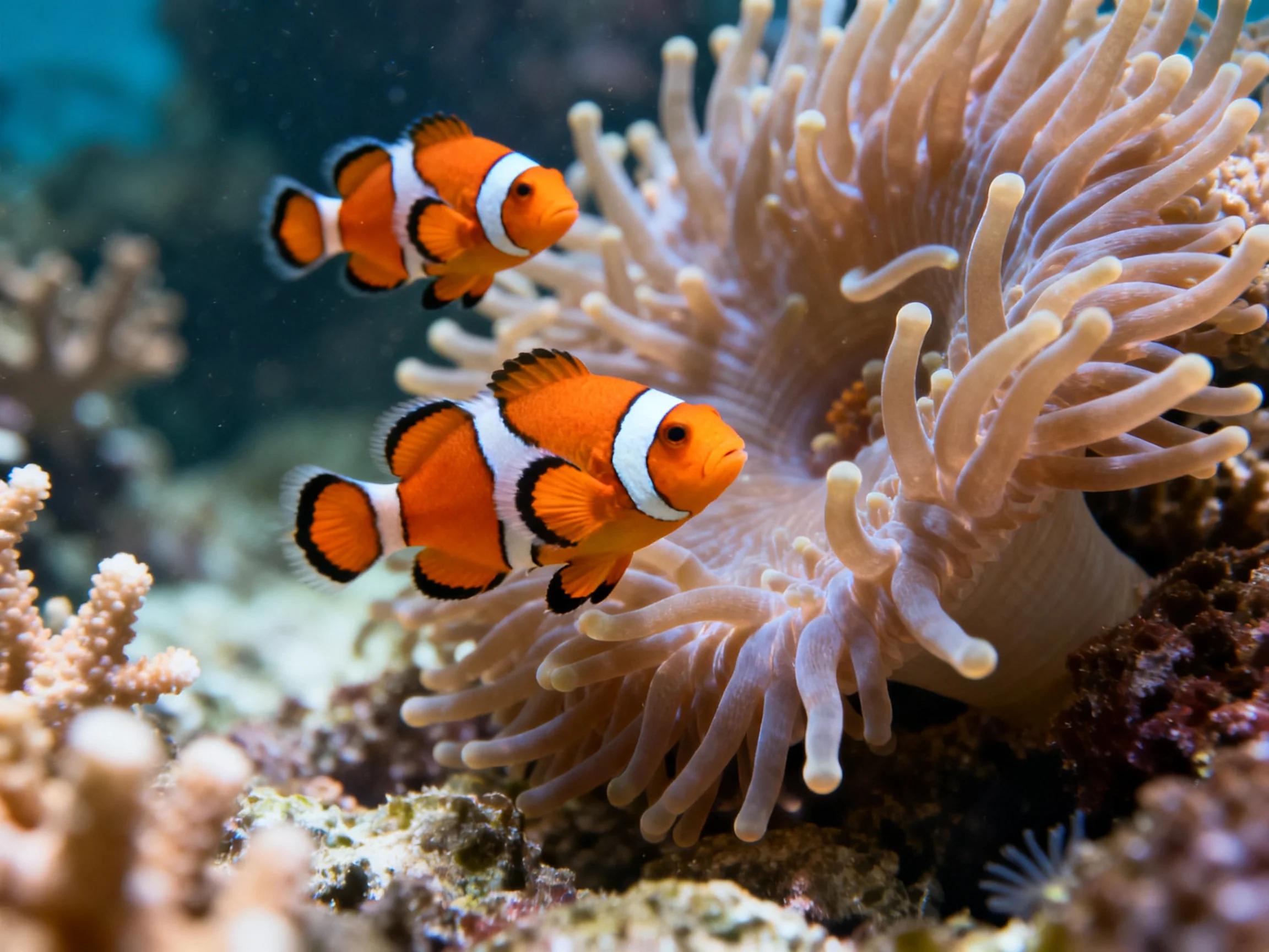 Two bright orange clownfish swim near a pale sea anemone in a coral reef
