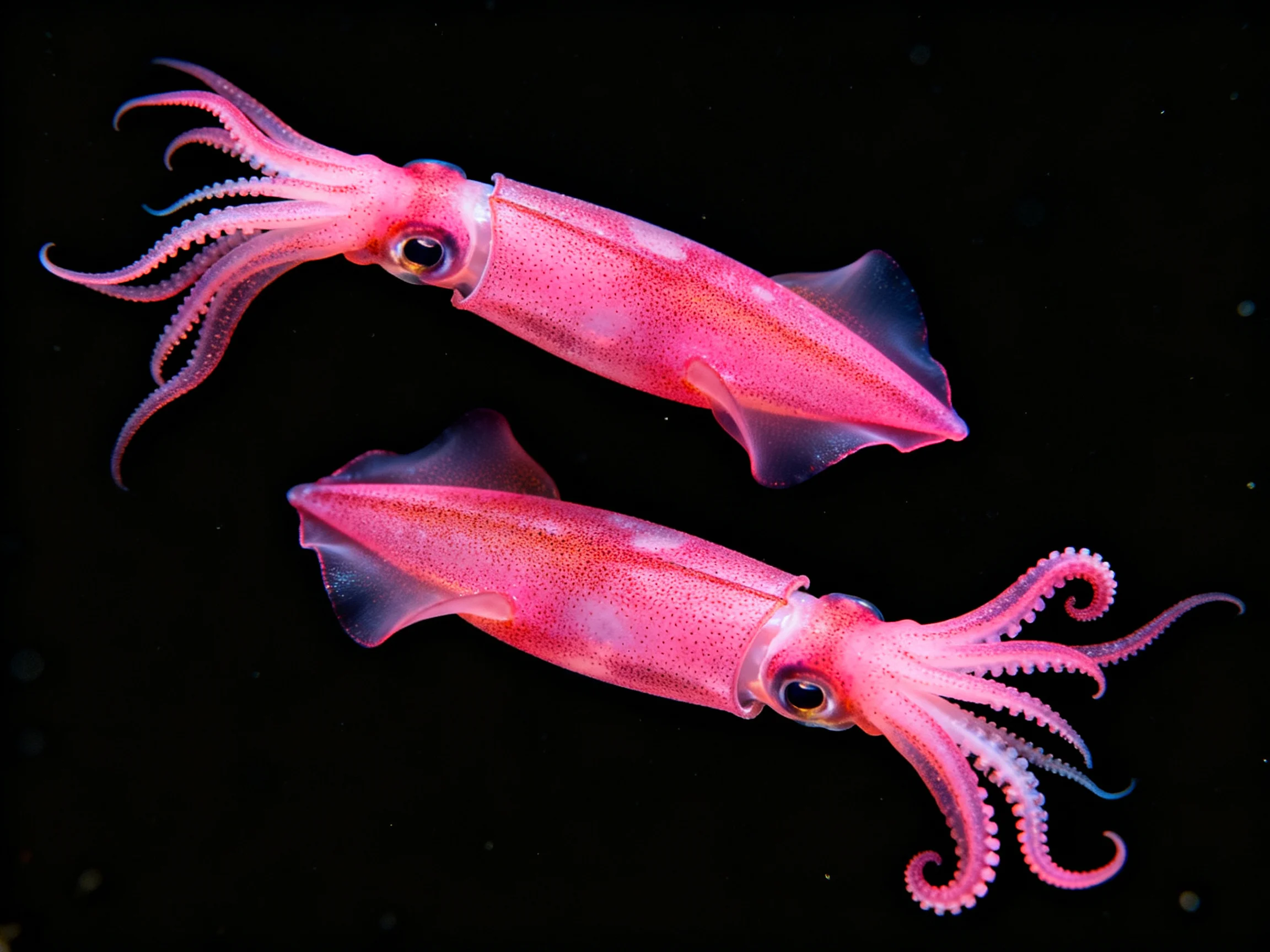 Two bright pink squid glide through a pitch-black aquatic environment