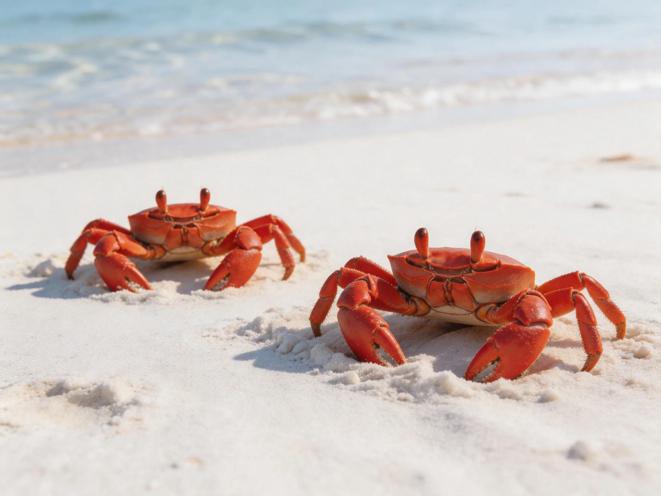 Two bright red crabs explore a white sandy beach by the ocean