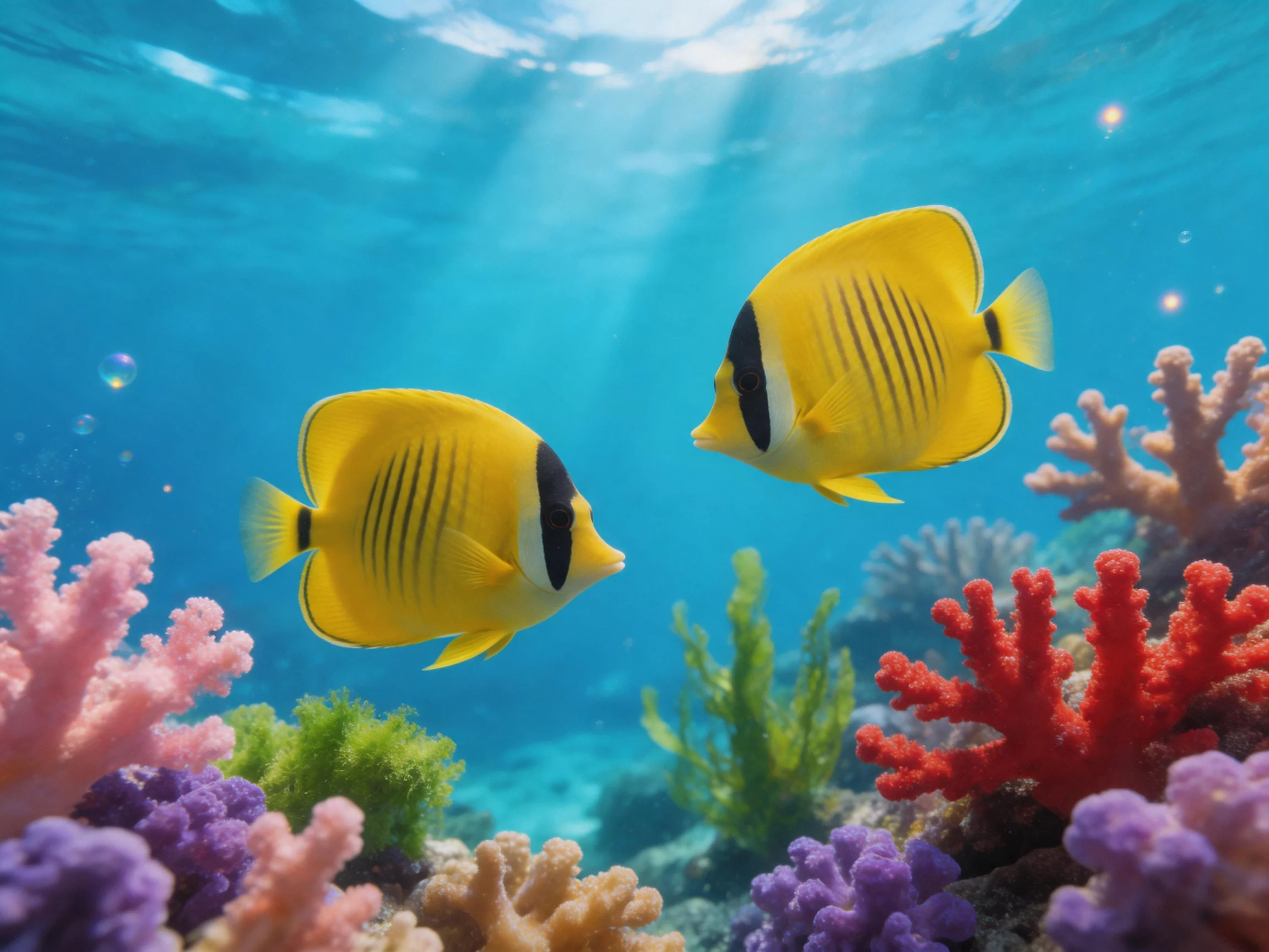 Two bright yellow butterflyfish swim among colorful coral reefs in clear blue water
