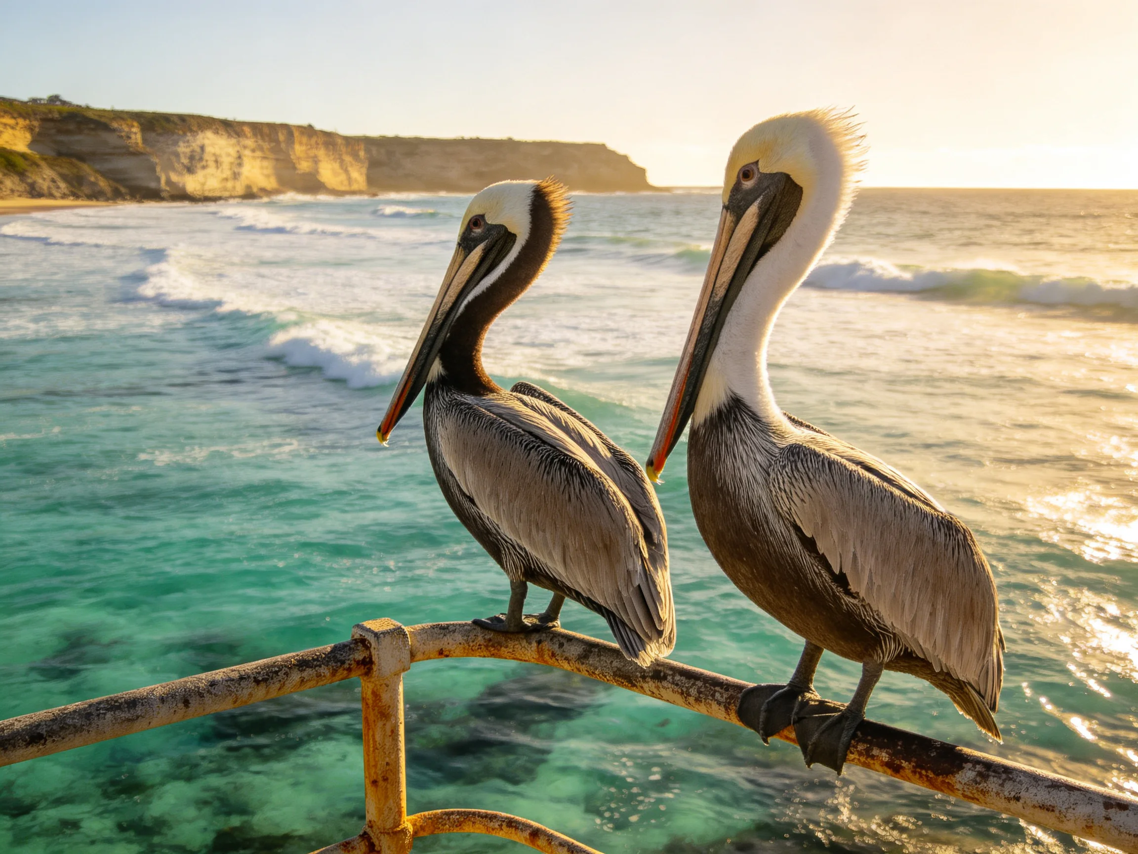 Two brown pelicans perch on a rusted railing by turquoise waters