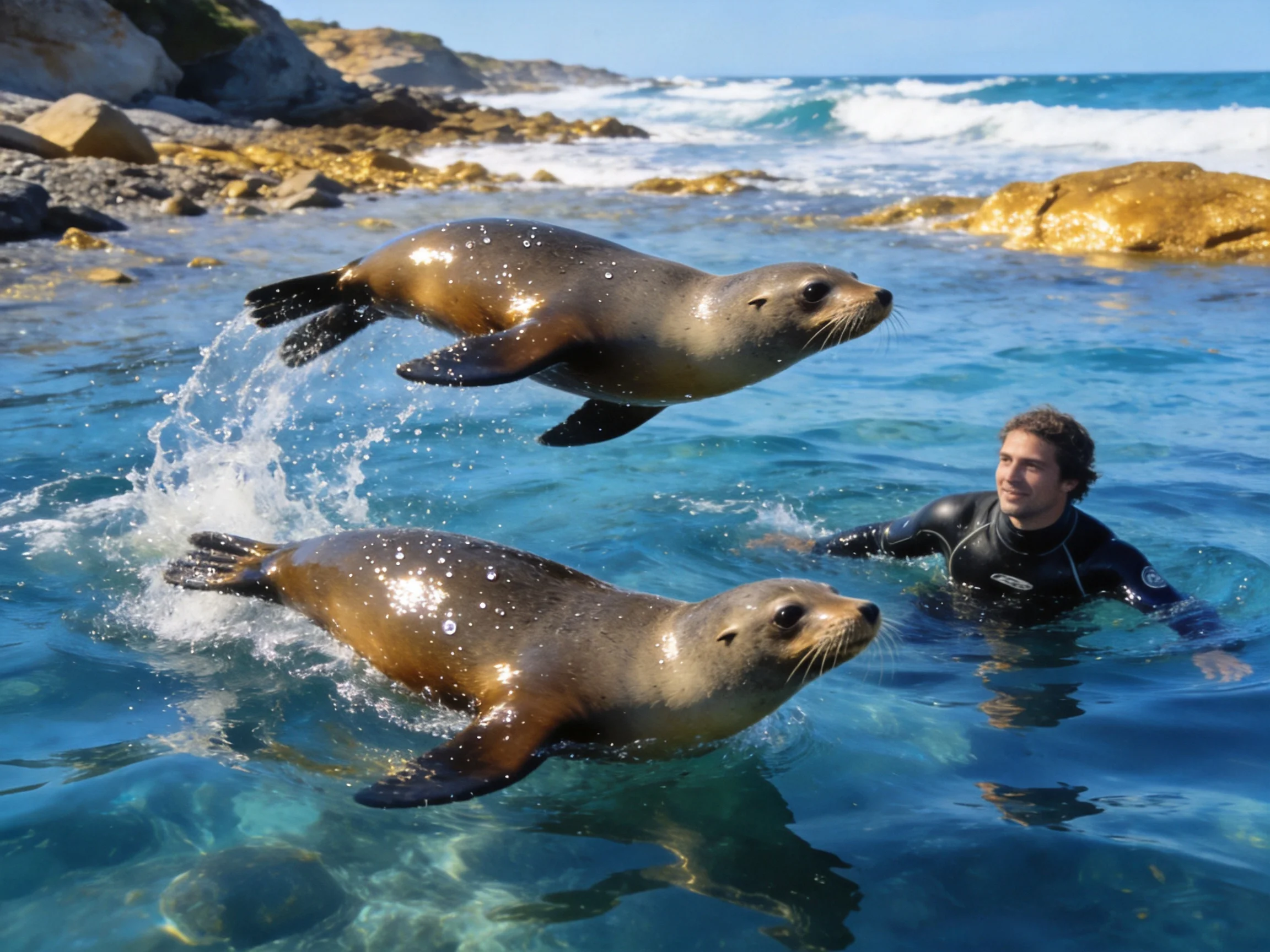 Two brown sea lions leap near a man in a black wetsuit by rocky shores
