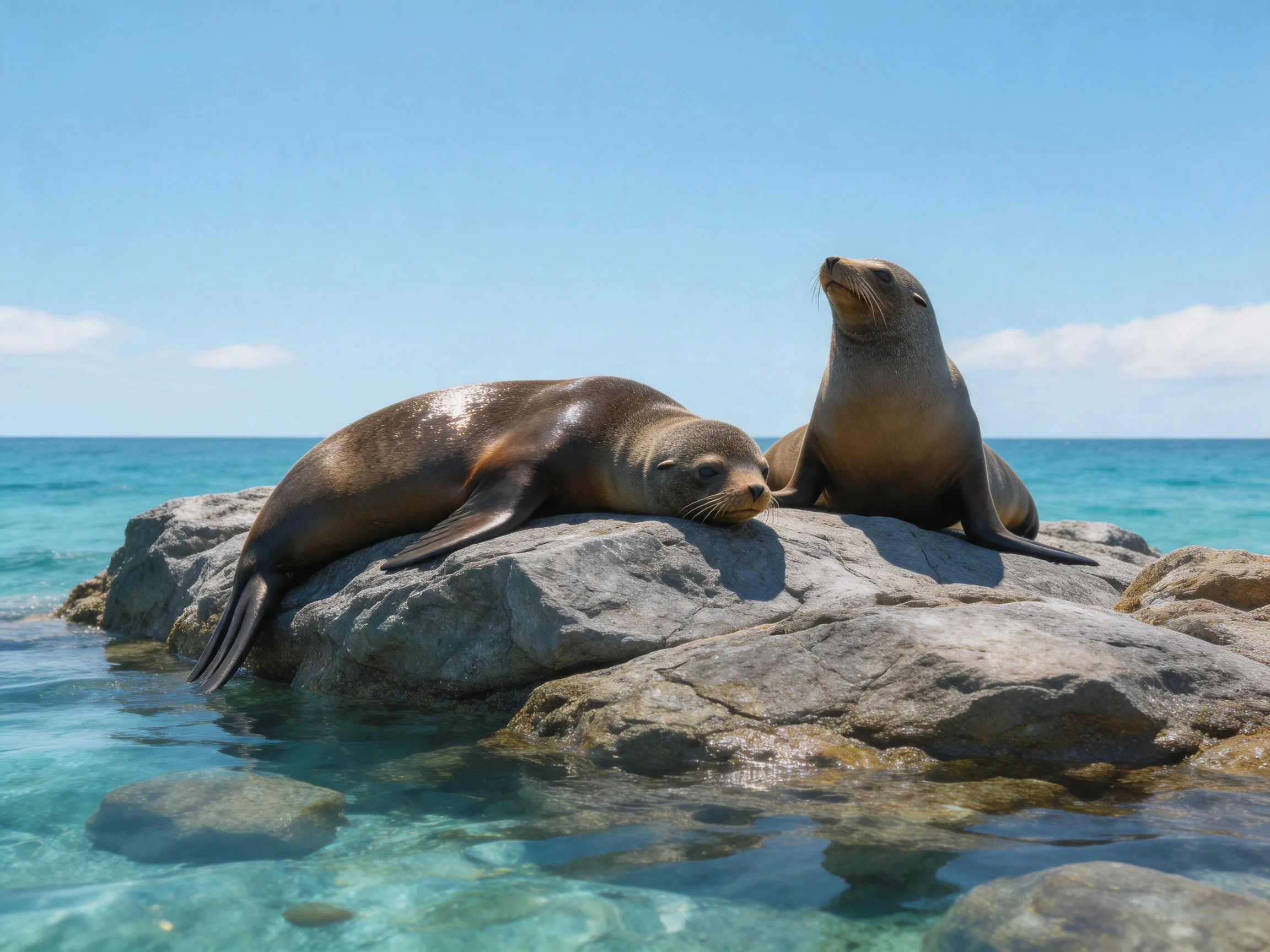 Two brown sea lions rest on a rocky outcrop by turquoise waters