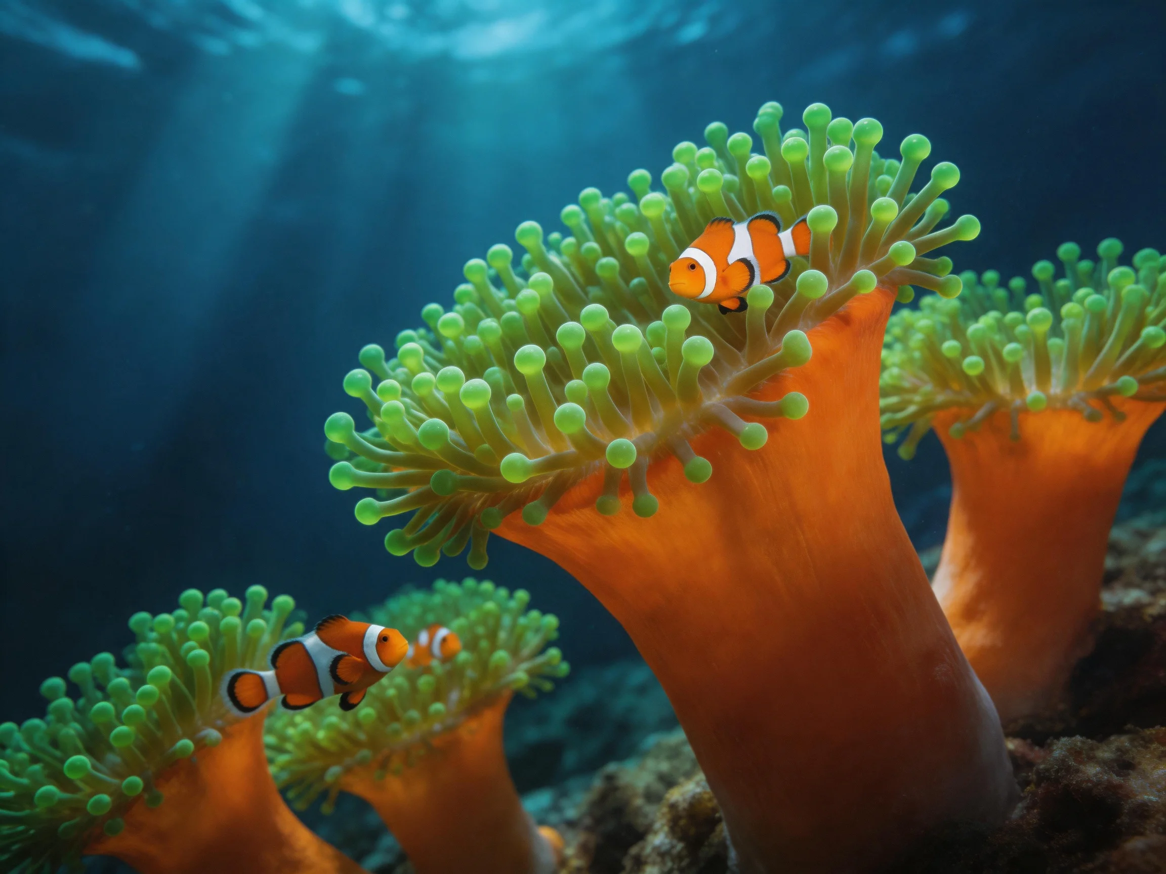 Two clownfish amid vibrant orange and green sea anemones underwater