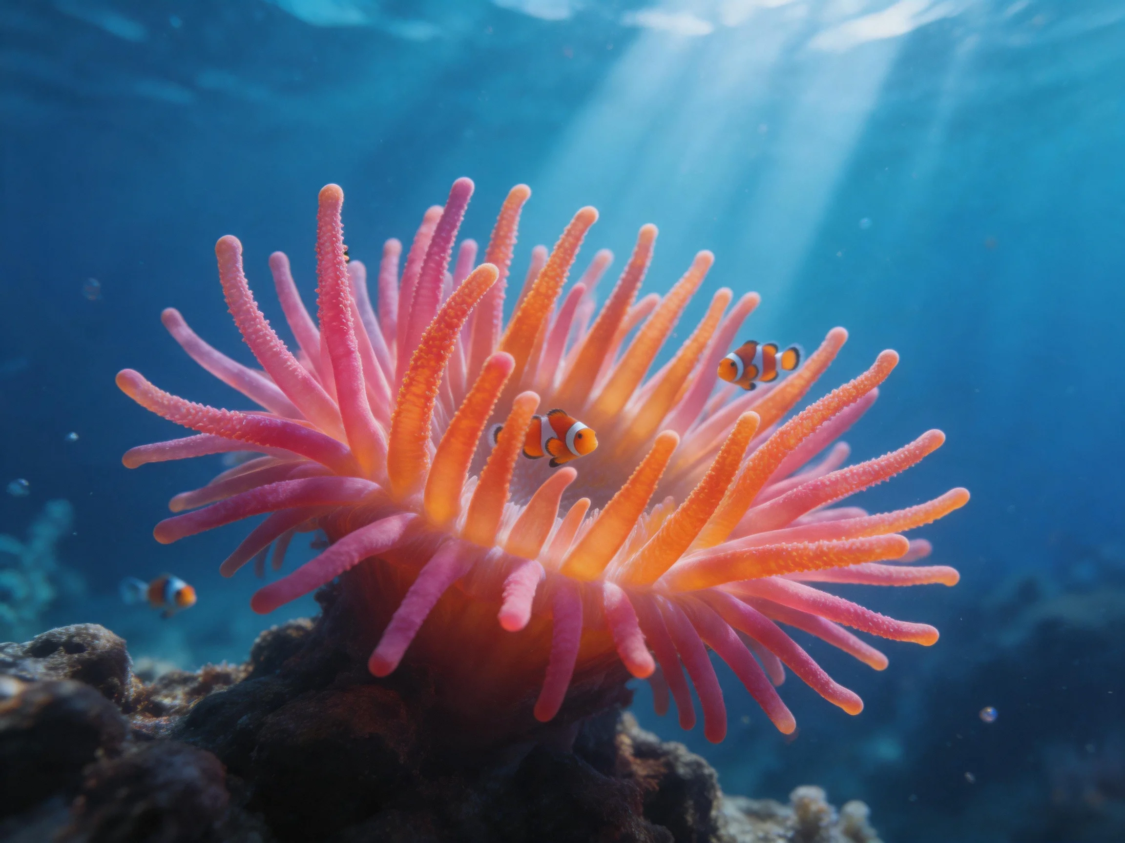 Two clownfish among vibrant pink-orange sea anemones in clear blue water